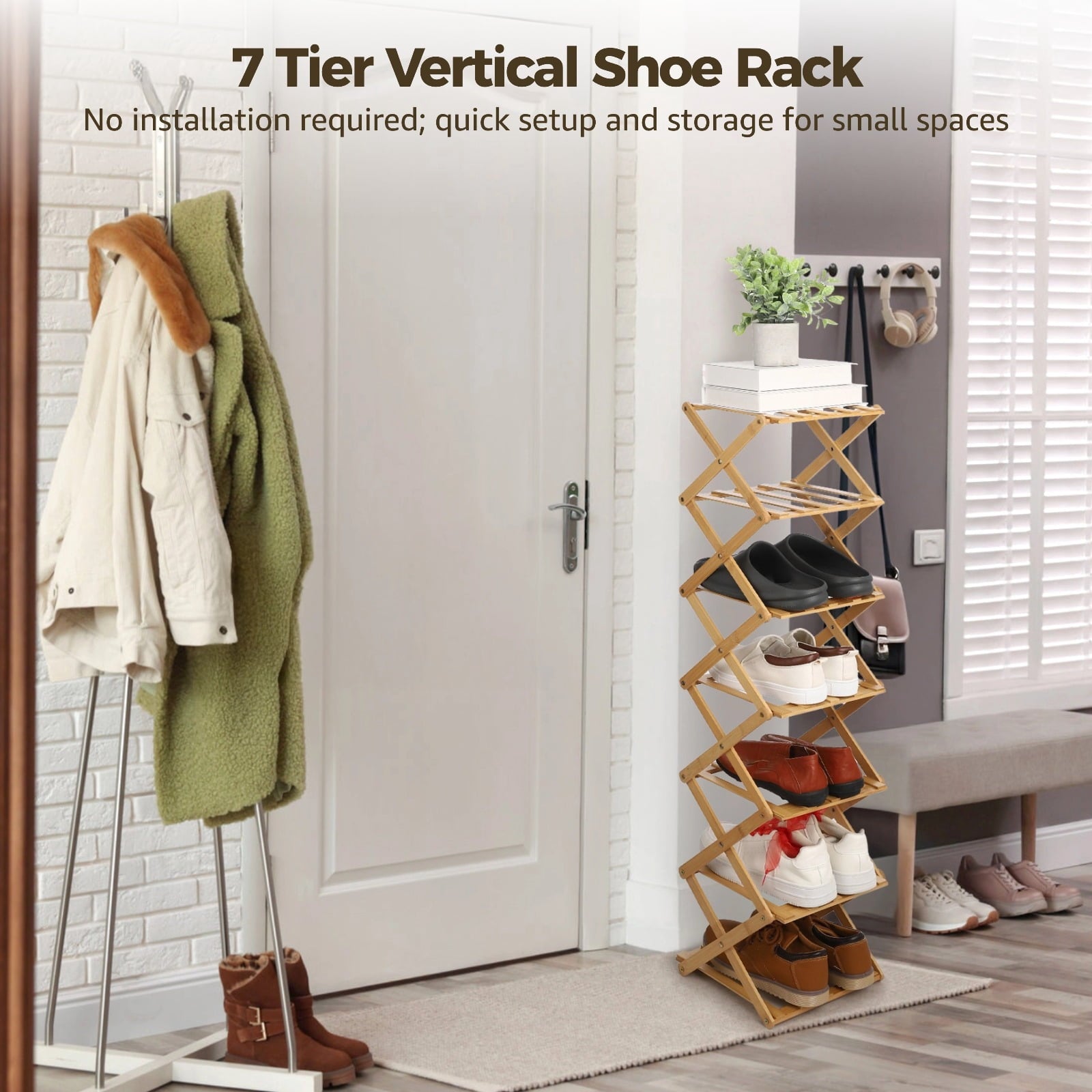 7 Tier Wooden Vertical Shoe Rack, Folding Narrow Shoe Organizer, Standing Portable Shoe Storage Shelf for Entryway, B... - Image 2