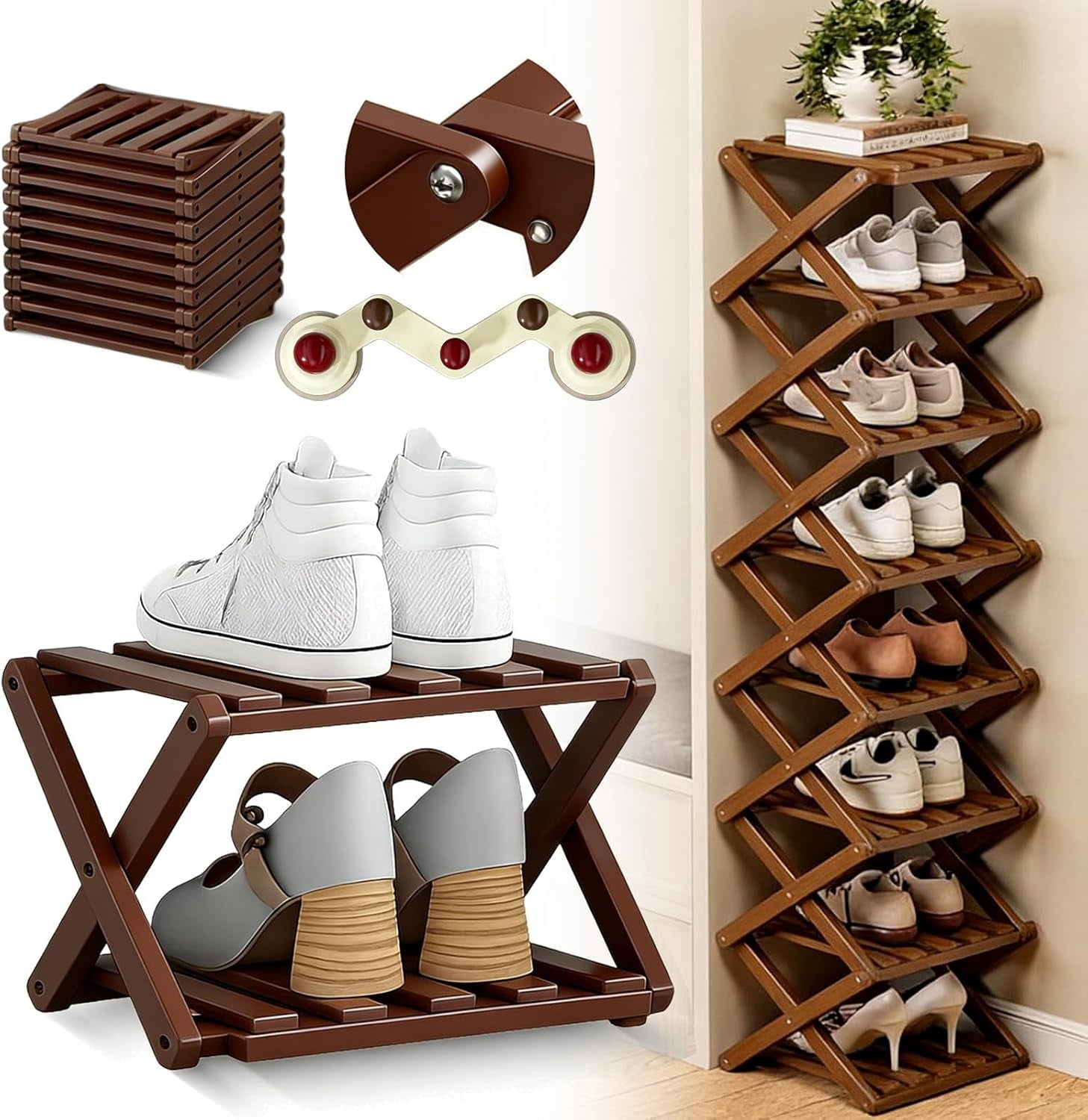 The 9-Tier No-Assembly Bamboo Rack, 2026 Upgraded Foldable 9 Tier Bamboo Corner Shoe Rack, Space-Saving Organizer for Shoes, No Assembly Nar