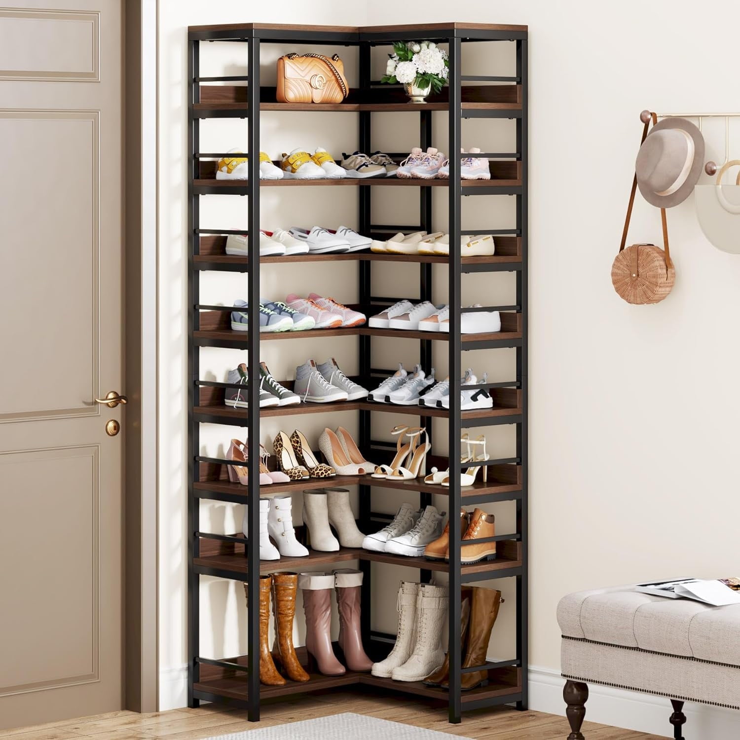 9 Tiers Corner Shoe Rack, Tall Shoe Rack Organizer, Large Shoe Storage Shelf for Entryway Hallway Closet, Rustic Brown