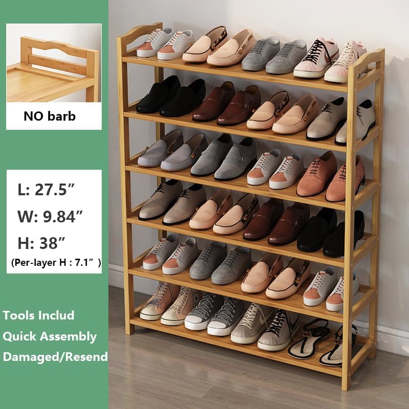 Bamboo Shoe Rack for Closet, 6 Tier Wooden Stackable Shoe Organizer, Free Standing Shoes Storage Shelf for Entryway, ... - Image 3