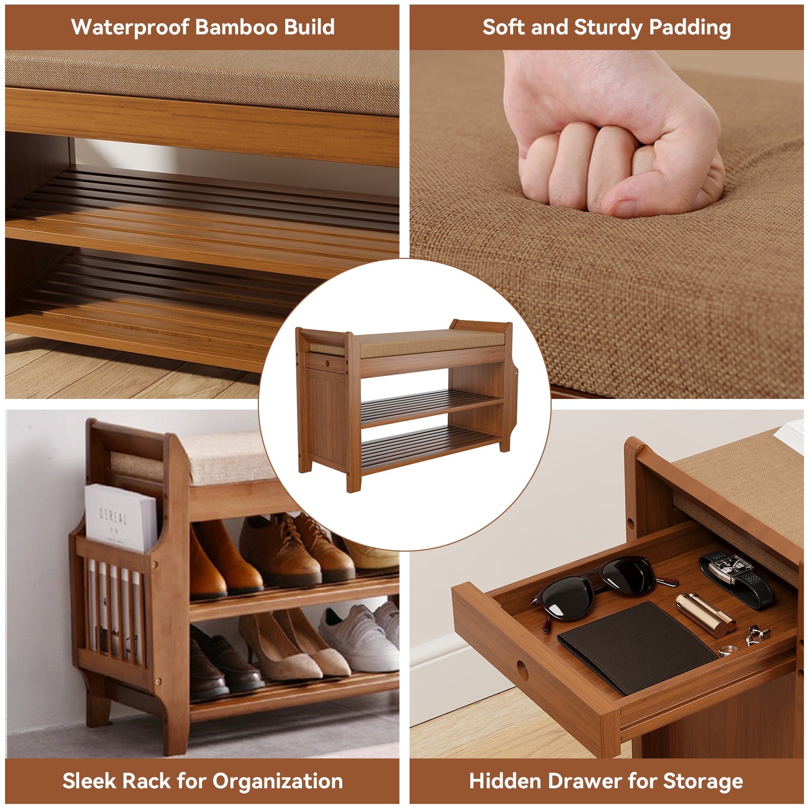 6-Pair Capacity Red-Brown Bamboo Shoe Bench, Entryway Storage Organizer, Multi-Function for Hallway Bathroom and Livi... - Image 5