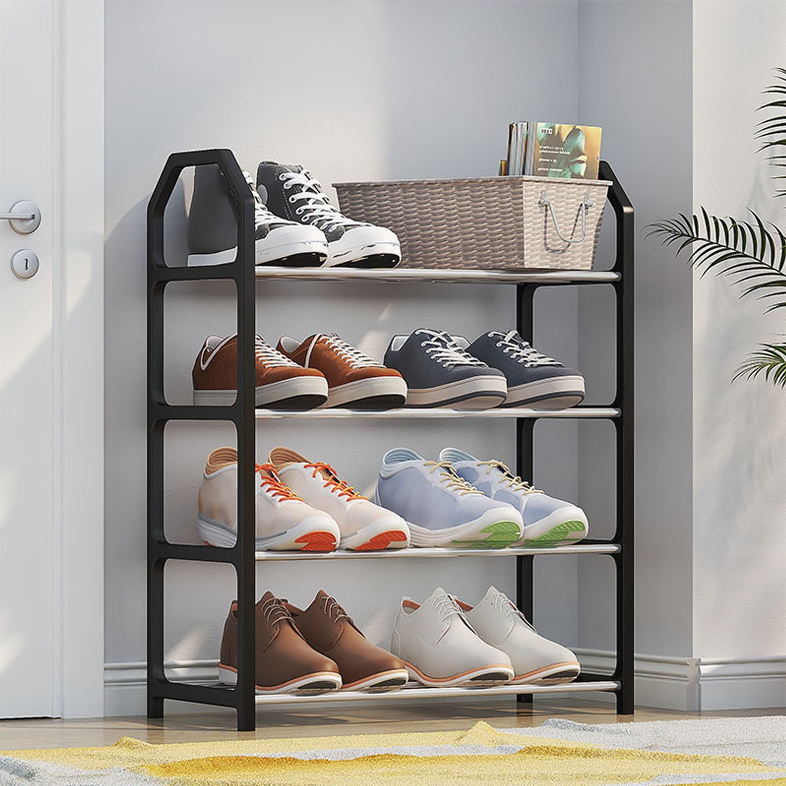 4-Tier Entryway Shoe Rack with Handrail - Compact Small Shoe Storage Organizer for Home Doorway & Entry Hall ( Black ) - Image 2