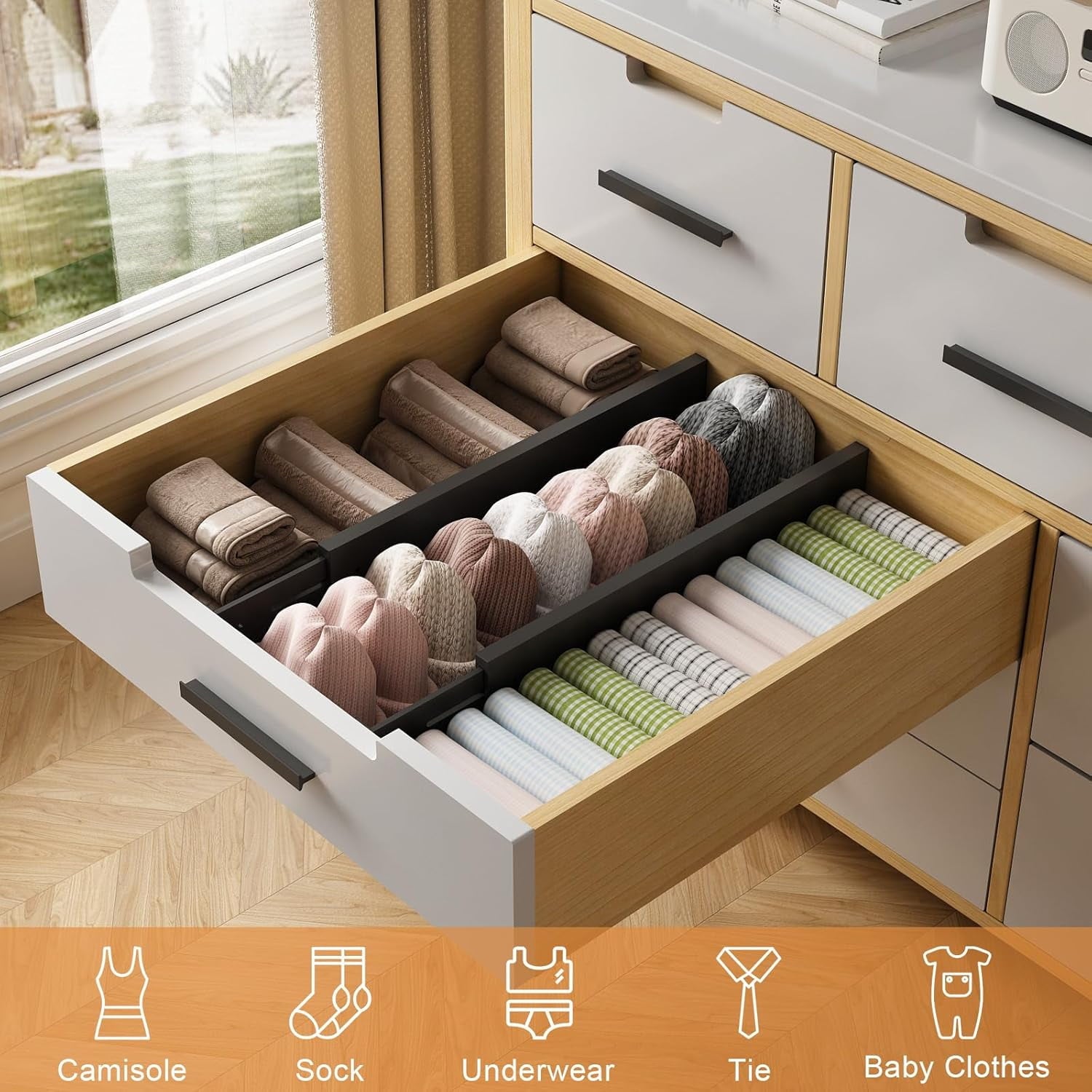 Bamboo Drawer Dividers,17-22" Adjustable Kitchen Drawer Organizer for Clothes,4 Pack Expandable Drawer Organization S... - Image 4