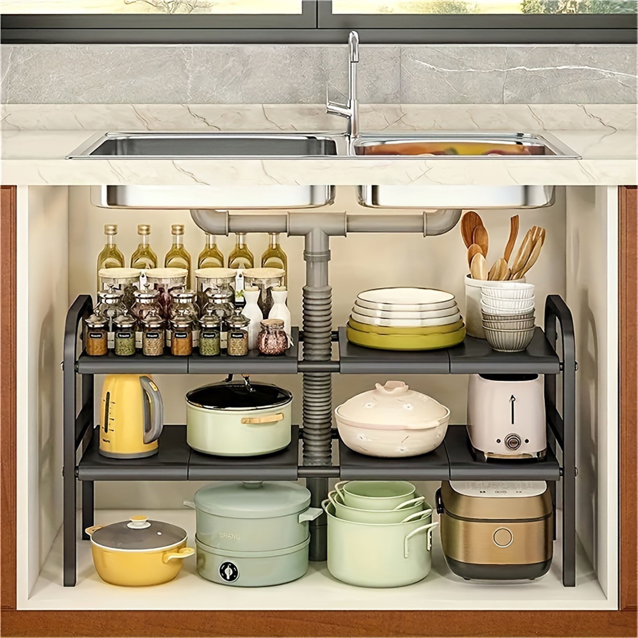1pc Sink Organizers and Storage 2 Tier Cabinet Shelf Organizer with 5 Detachable Panels 5 baskets for Kitchen Bathroo... - Image 6