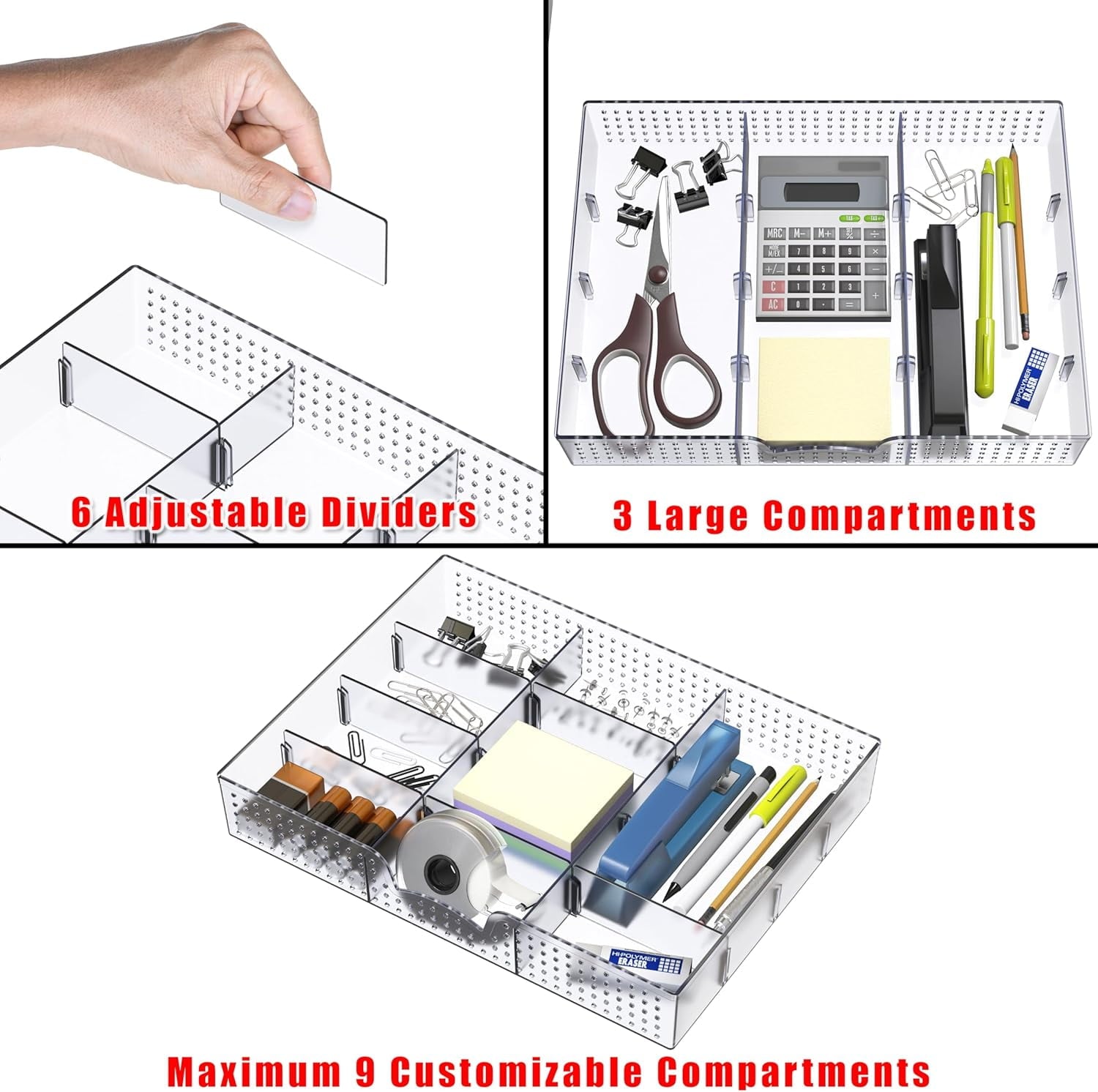 Drawer Organizer Tray with 9 Adjustable Compartments, Clear - Image 3