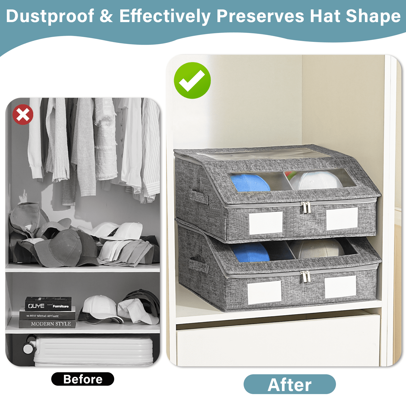 2-in-1 Hat Storage for Baseball Caps Holds 48 Caps Hat Organizer Stackable Hats Holder for Closet with Clear lid Cowb... - Image 4