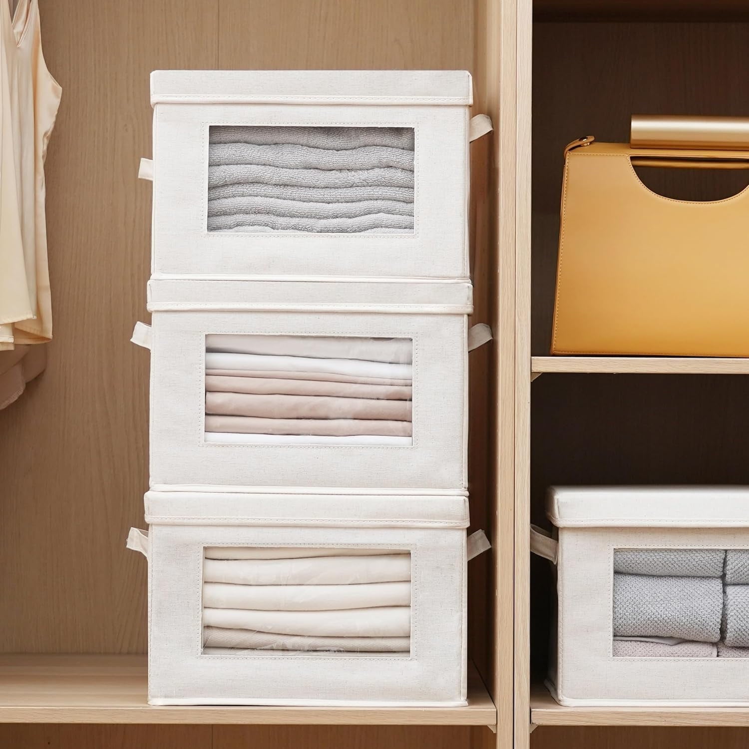 Citylife Collapsible Fabric Storage Bin With Handle Lid Large Foldable Box Basket For Closet 15"×9.8"×9.8" 3 Pack Beige - Image 4