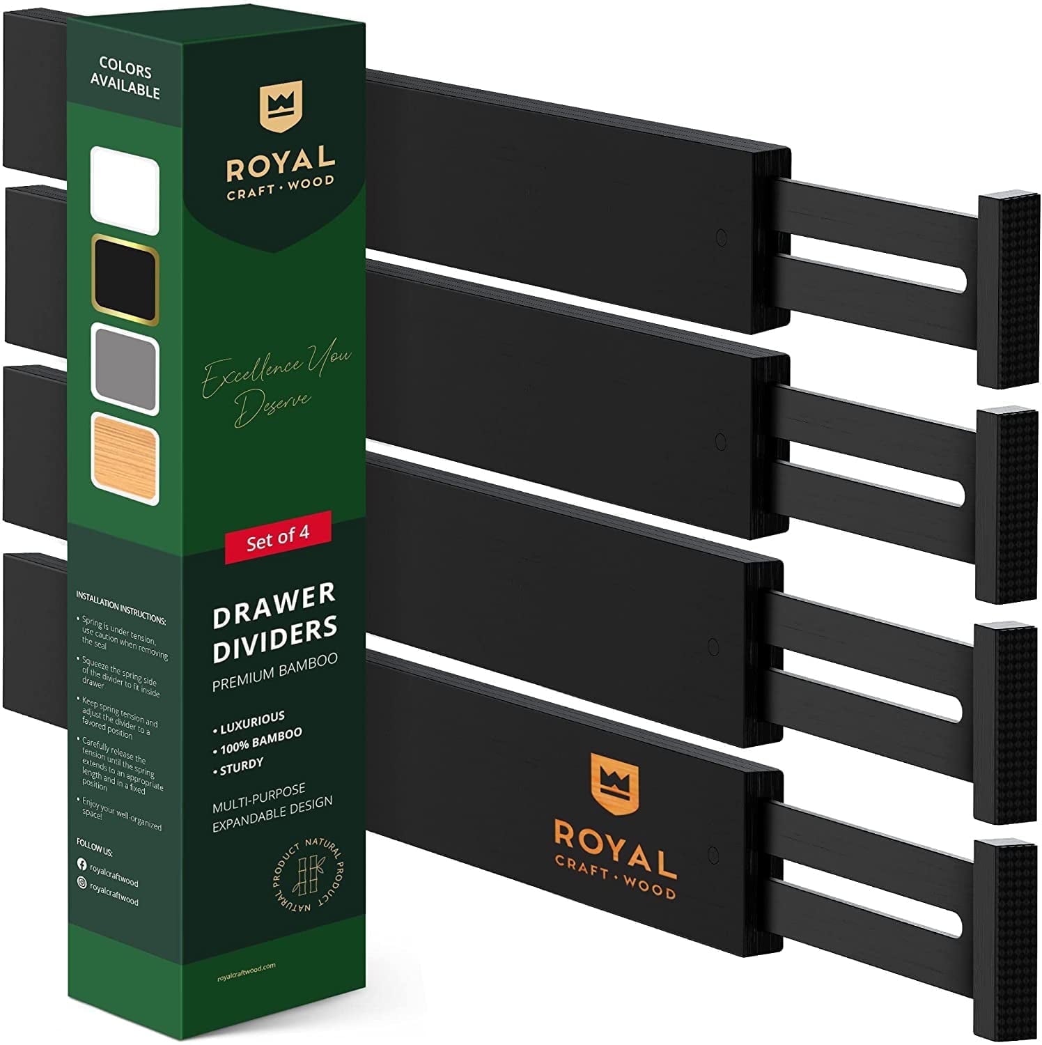 Expandable Bamboo Drawer Dividers 4-Pack Adjustable Storage Organizer Separators for Kitchen, Dresser, Bedroom, Bathr...