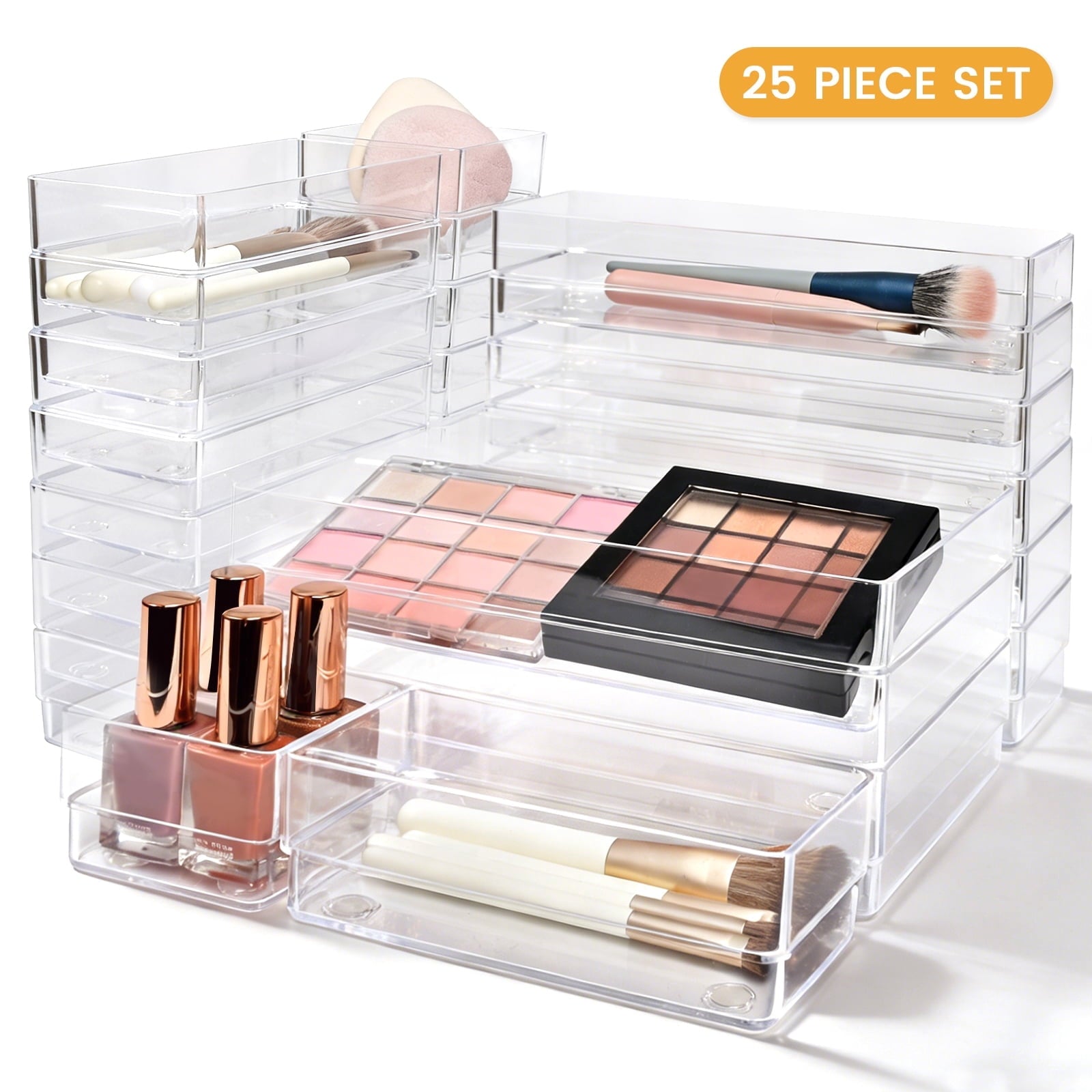 Clear Plastic Drawer Organizers Set of 25, 4-Size Versatile kitchen utensil drawer organizer Non Slip Storage Bins fo...