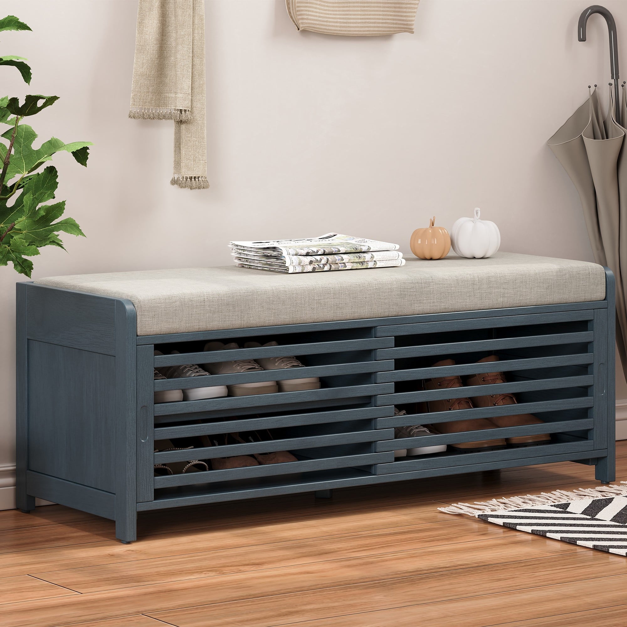 Shoe Storage Bench with Cushion, Entryway Bench, 2 Tier Shoe Rack Organizer for Entryway Living Room Bedroom, Navy