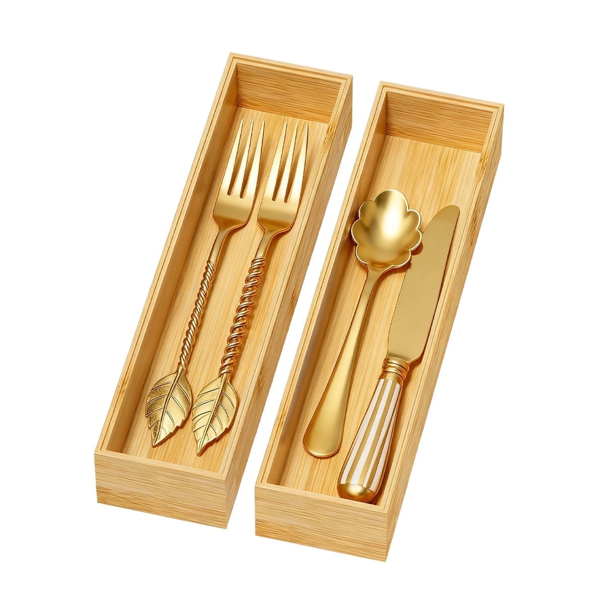 Bamboo Drawer Organizers - 12x3x2 Inch Stackable Cutlery Trays for Kitchen,Bathroom,and Office Storage,2 Pcs