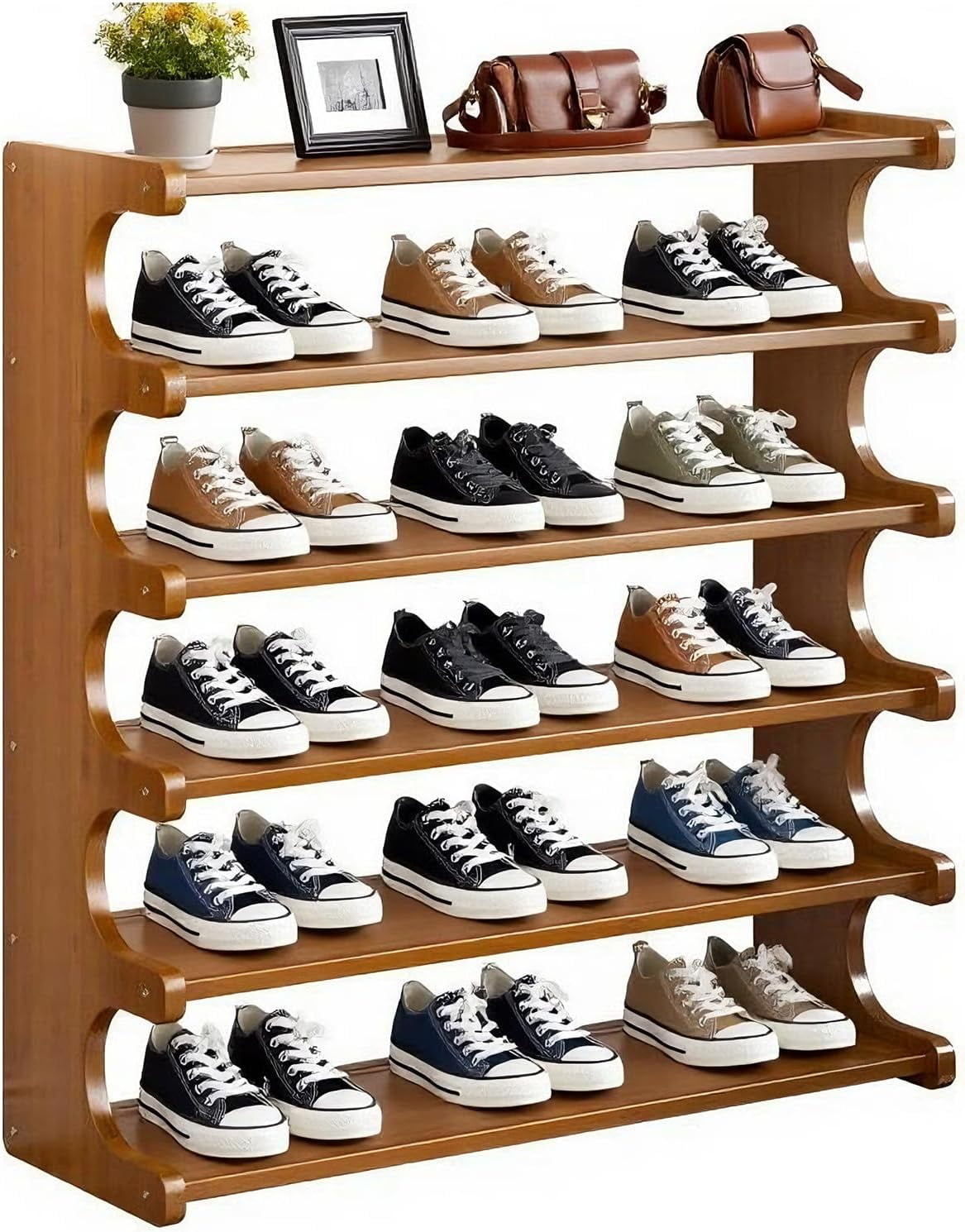 Bamboo Shoe Rack, Multi-Layer Space-Saving Shoe Organizer for Entryway, Bedroom or Living Room, Stable & Easy to Install, 6-Tier Options (6