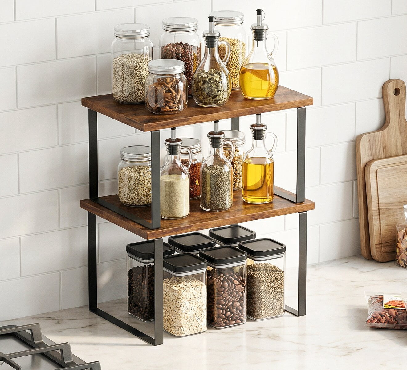 Cabinet Organizer Shelf, Set of 2 Kitchen Counter Shelves, Spice Rack, Kitchen Storage for Pantry, Stackable and Expa...