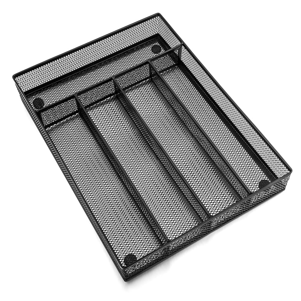 Black Kitchen Drawer Organizer, Walchoice Metal Mesh Silverware Organizer, Cutlery Holder Tray for Kitchen Drawers, 5 Compartment - 12.5 x 9