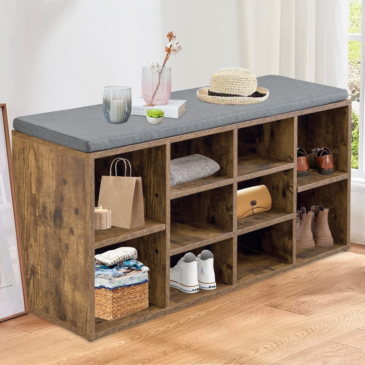 CL.HPAHKL Shoe Storage Bench, 10 Compartments Shoe Rack Bench with Storage, 3-Tier Shoe Organizer with Cushion for Li...