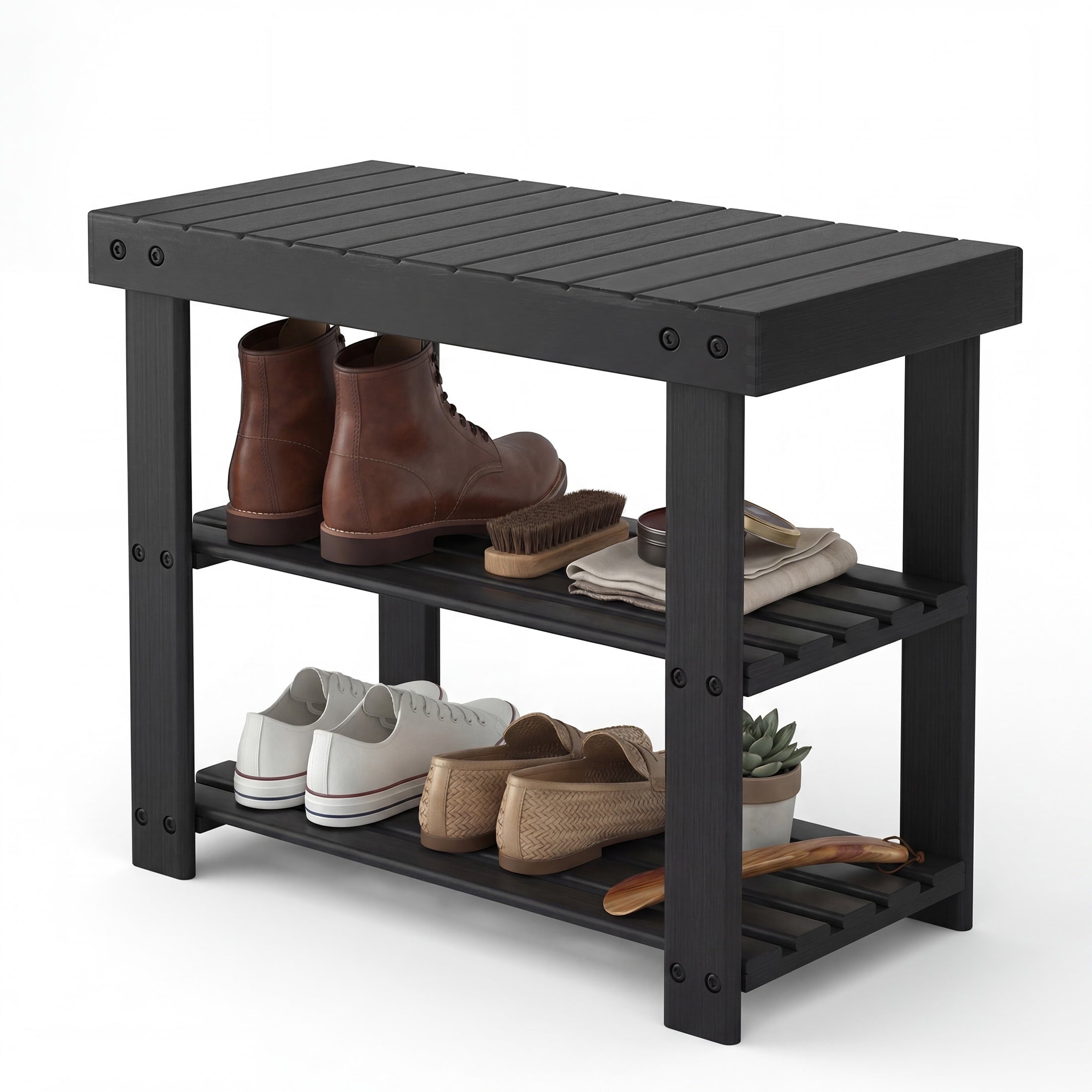 CONCETTA 19-In Bamboo Shoe Rack & Bench, 3-Tier 280 lb Capacity Storage Organizer for Entryway, Living Room, Balcony, Black