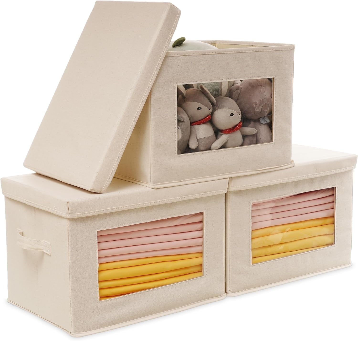 Citylife Collapsible Fabric Storage Bin With Handle Lid Large Foldable Box Basket For Closet 15"×9.8"×9.8" 3 Pack Beige