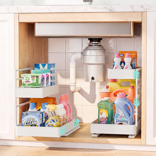 Adjustable 2-Tier Pull Out Under Sink Organizer Big Capacity Heavy Duty Metal Slide Shelf for Kitchen Bathroom Cabine...