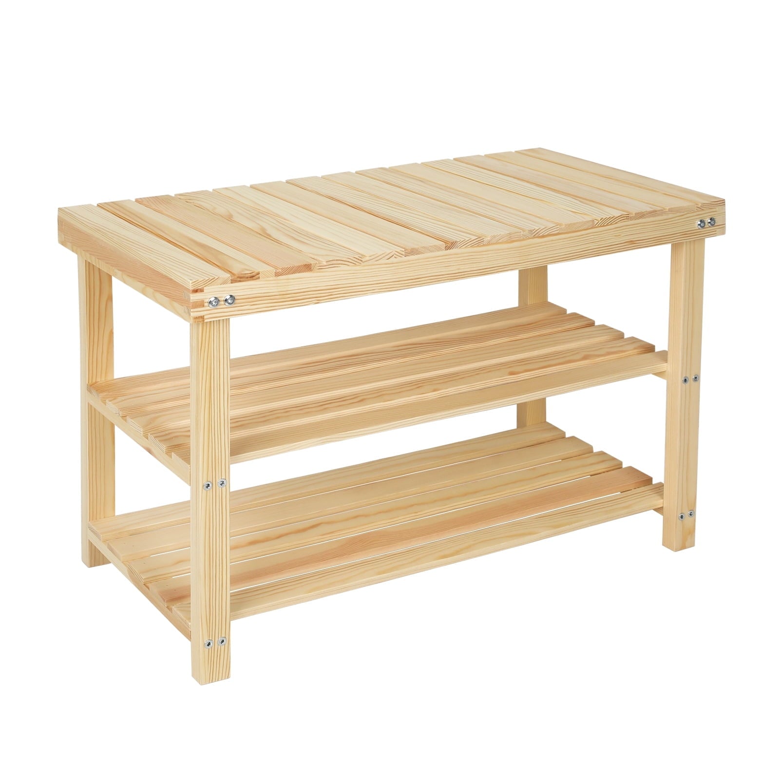 27.5" Solid Wood Shoe Bench, 3-Tier Shoe Organizer for Entryway Hallway - Wood Color