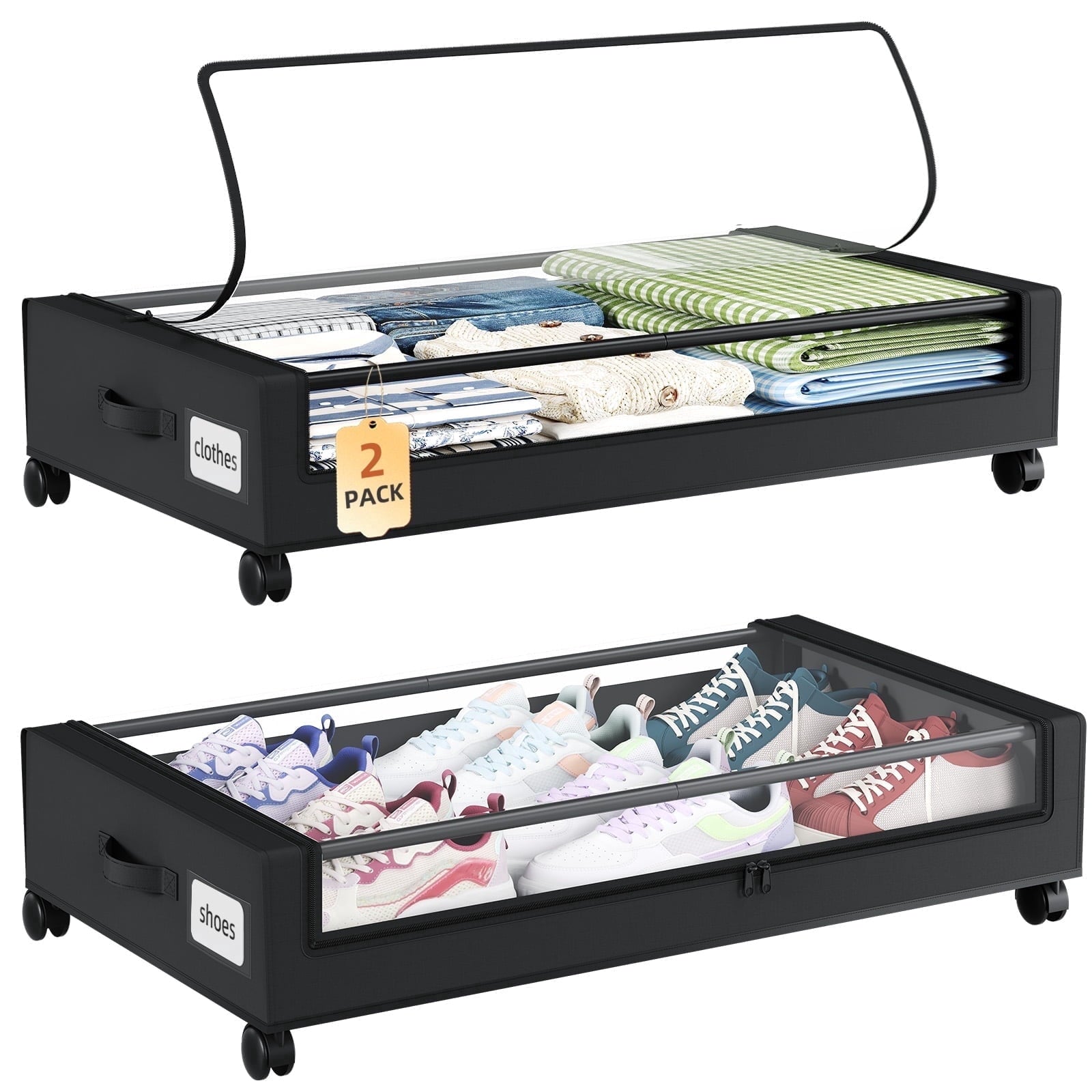 Under Bed Storage with Wheels, 2 Pack Under Bed Storage Containers with Clear Lid and Handles, Storage Organizer Bins