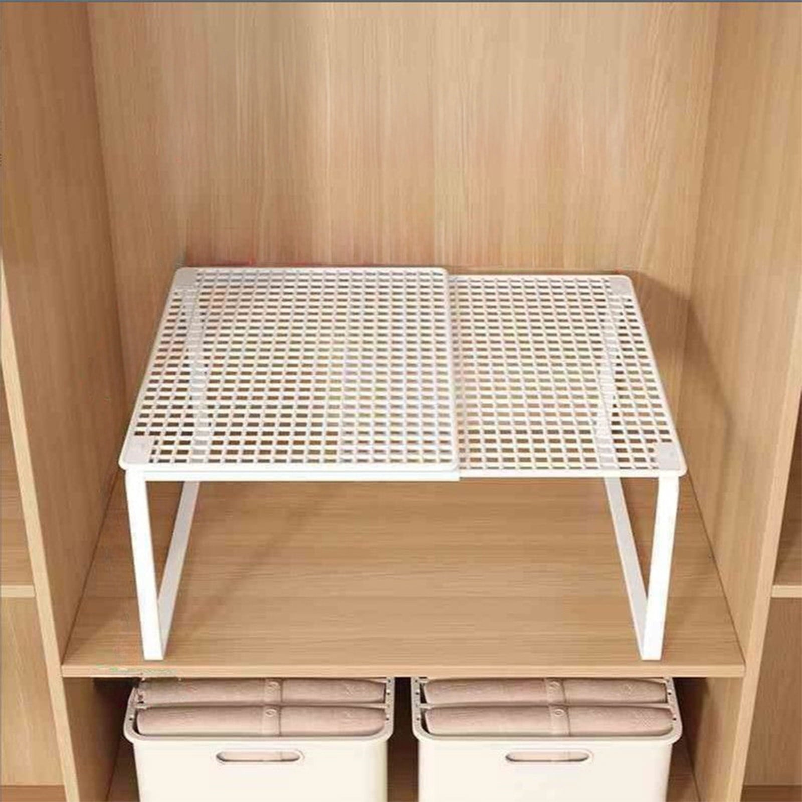 Expandable Cabinet Storage Shelf, Stackable Space Saving Organizer Rack for Wardrobe Shoe Cabinet Divider, Multi Use for Bathroom Pantry Des