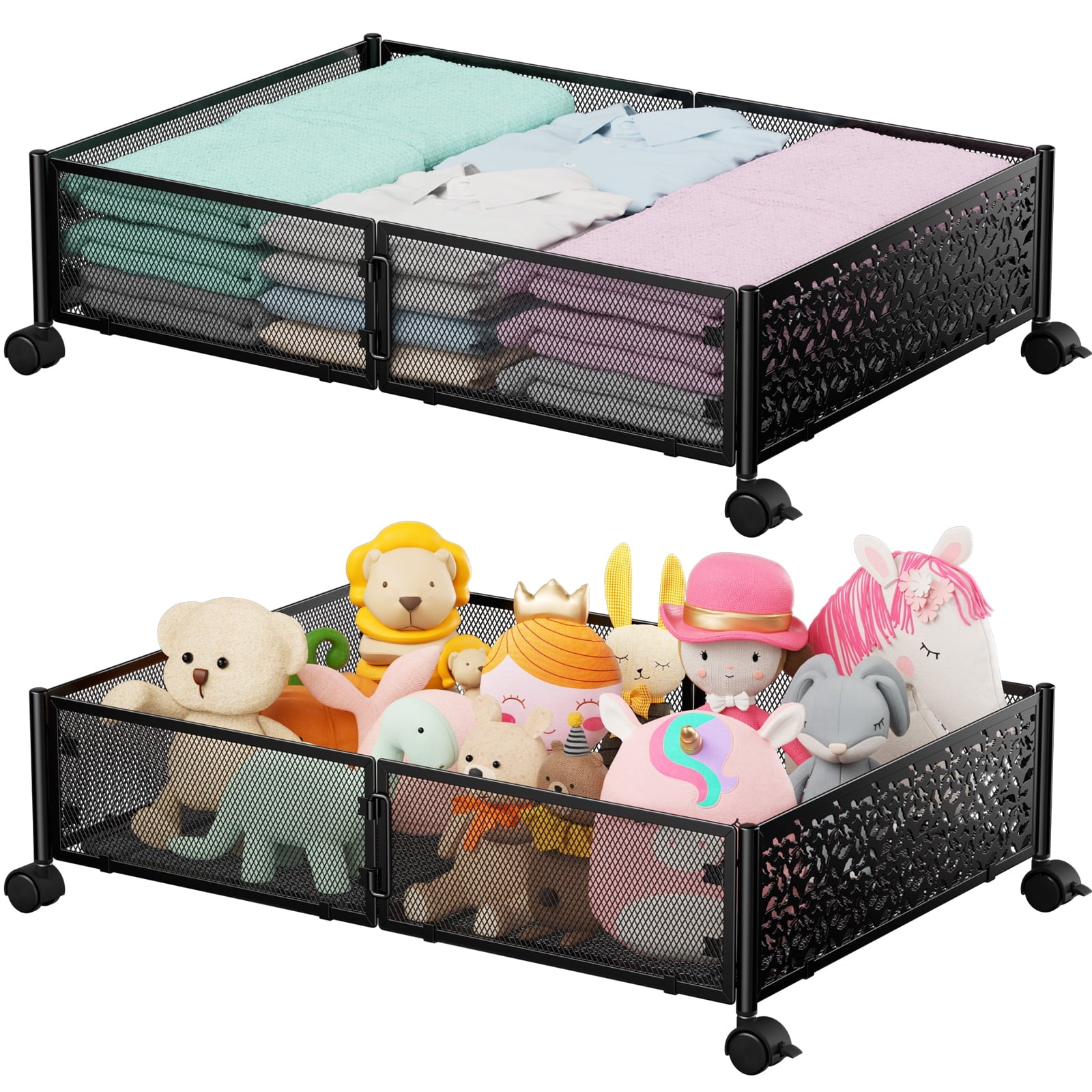 Flycity 2 Pack Foldable Under Bed Storage, Under the Bed Storage Containers with Wheels, Storage Organizer Bins for Bedroom Clothes Shoes Bl