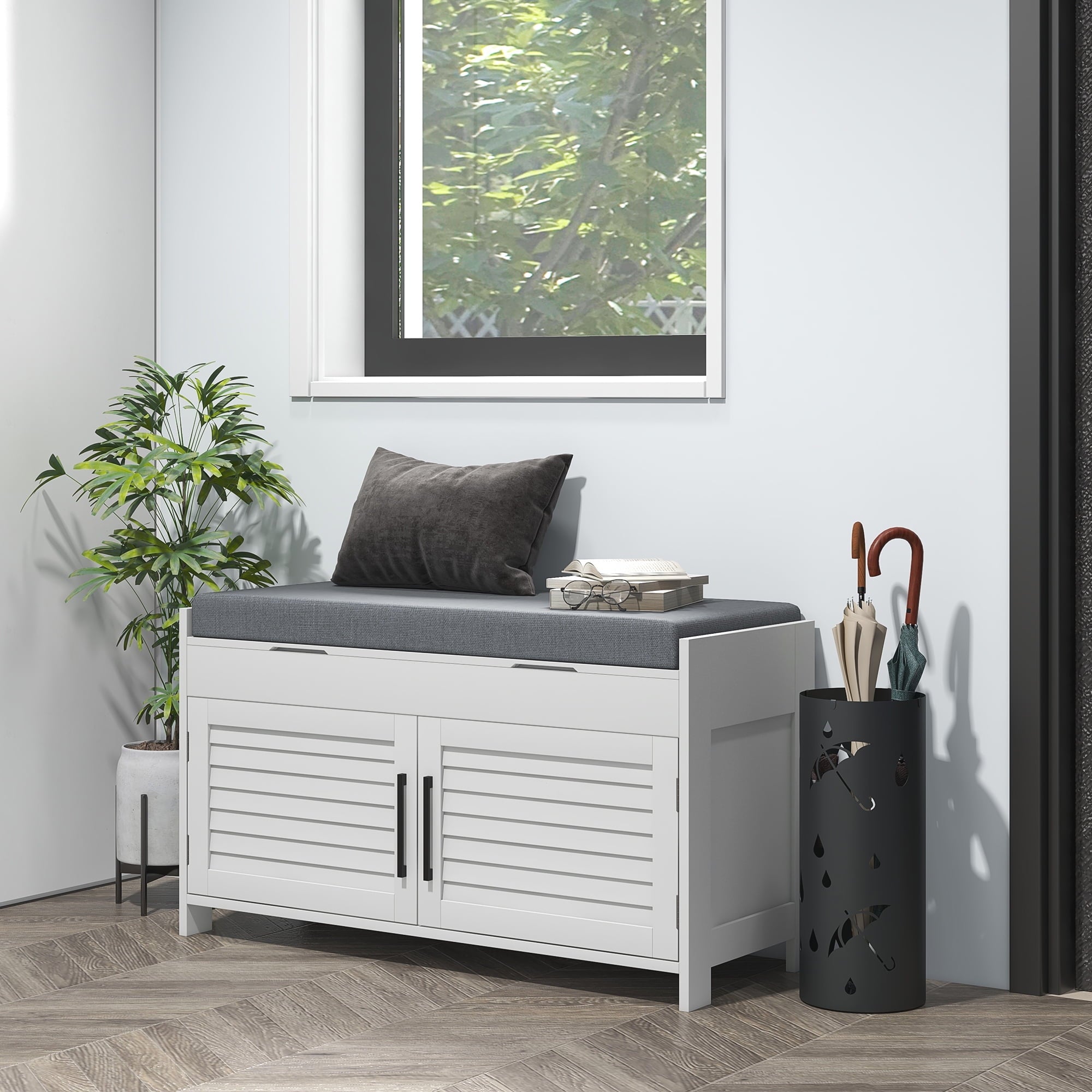 Shoe Bench, Modern Entryway Bench with Cushion and Hidden Compartments, 35.4" Shoe Organizer with Adjustable Shelves ...