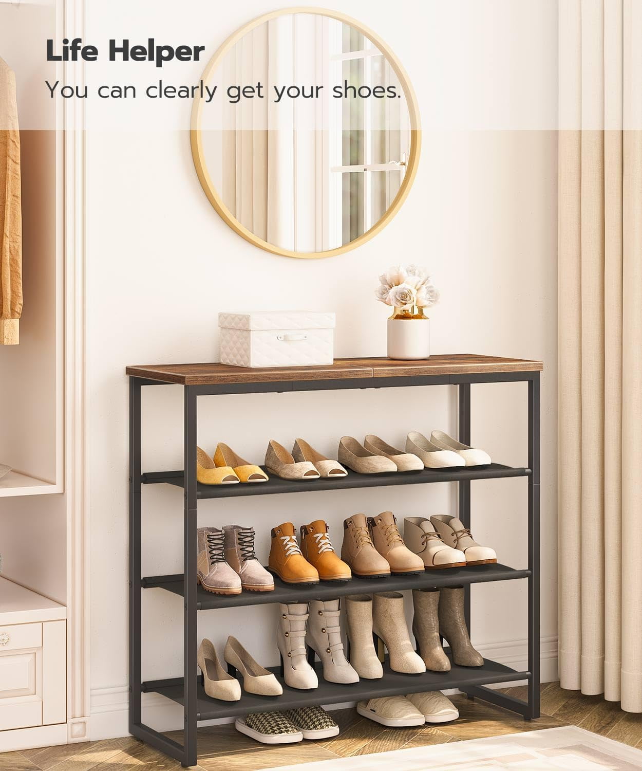 Shoe Rack 4 Tier Storage Organizer with 3 Oxford Fabric Shelves Entryway Closet Industrial Rustic Brown