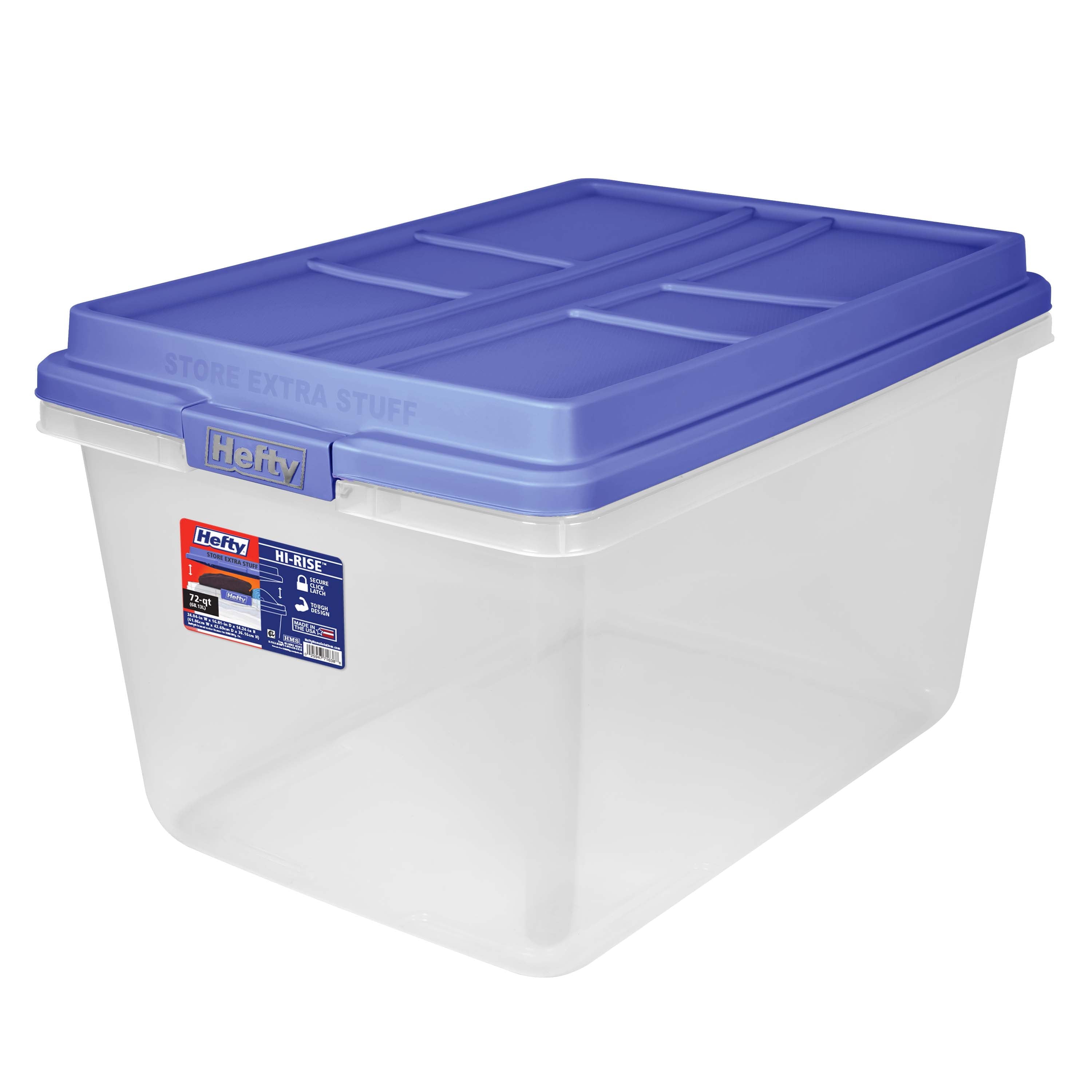 HI-RISE 72 Quart Large Latching Storage Bin, Clear Plastic Storage Container with HI-RISE Latch Lid, Blue