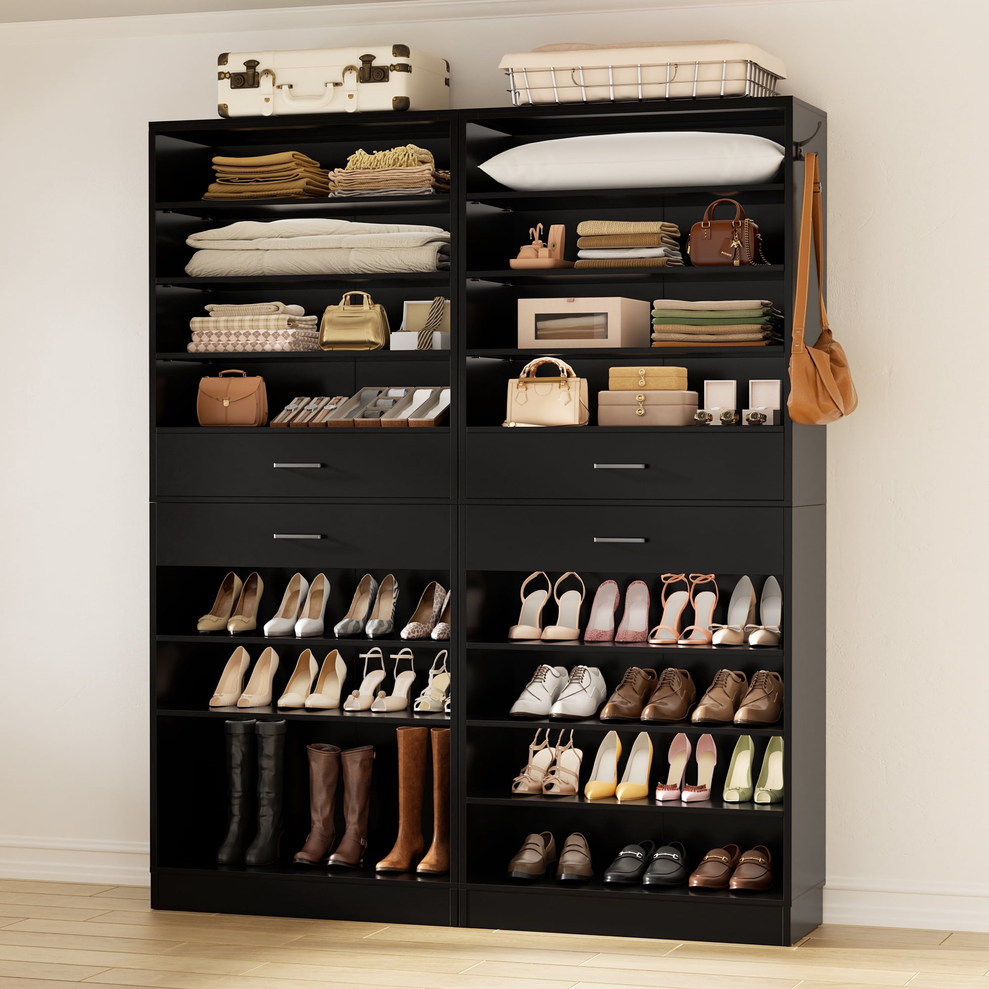 2-Pack 10-Tier Shoe Cabinet Set with 4 Drawers, 65cm Width Freestanding Organizer – for Entryway, Bedroom, Living Roo...