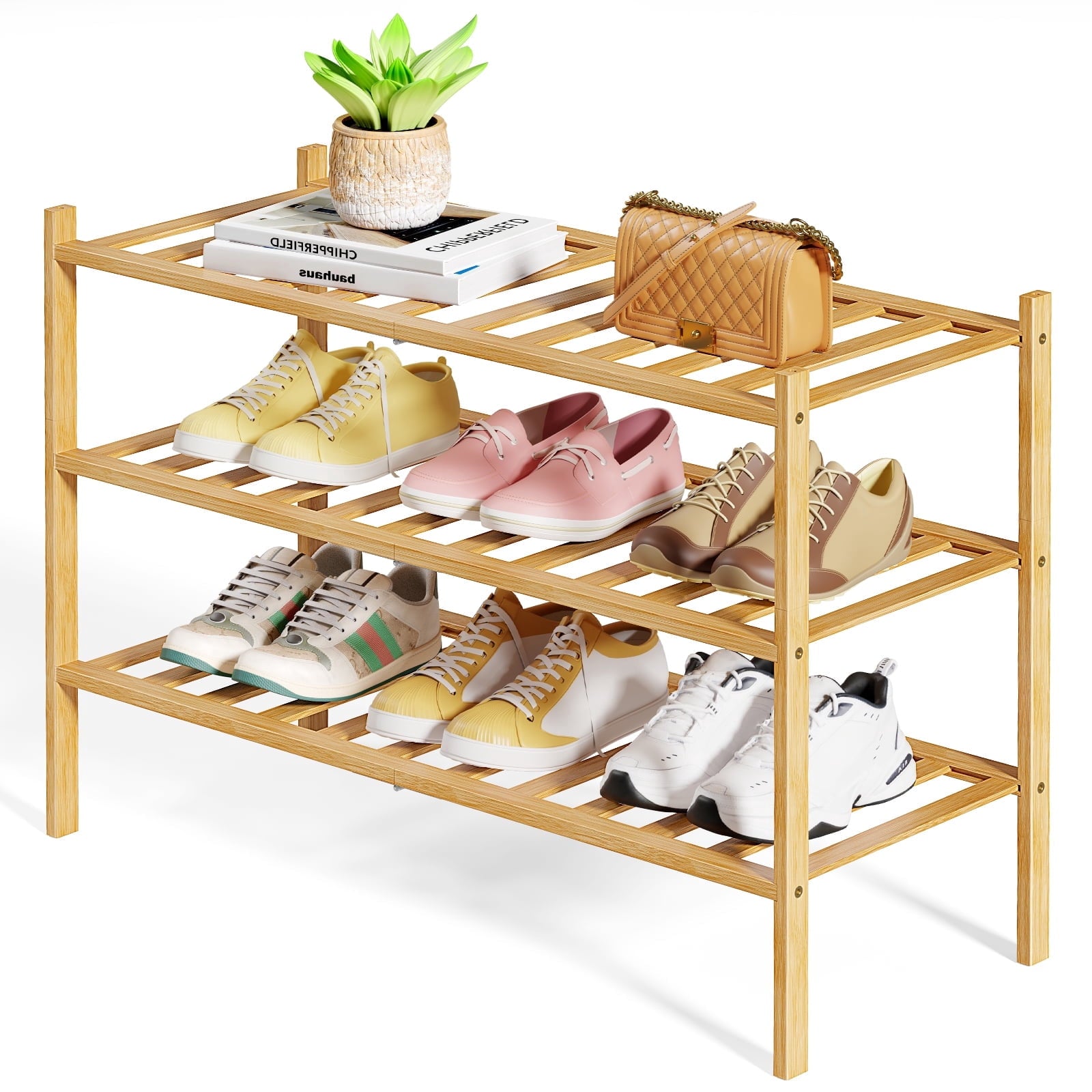 Kitsure Bamboo Wooden Shoe Rack for Closet - Stackable Shoe Organizer with Modular Structure, Space-Saving Shoe Shelf for Entryway, Living R