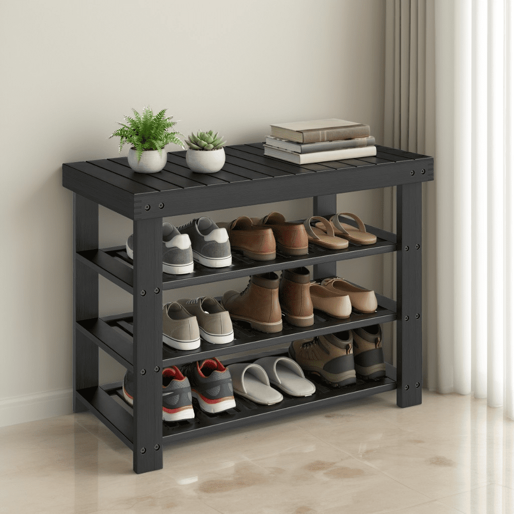3-Tier Bamboo Shoe Storage Bench, Entryway Organizer with Seating, for Living Room, Bathroom, Bedroom, 27.6" W, Ink B...
