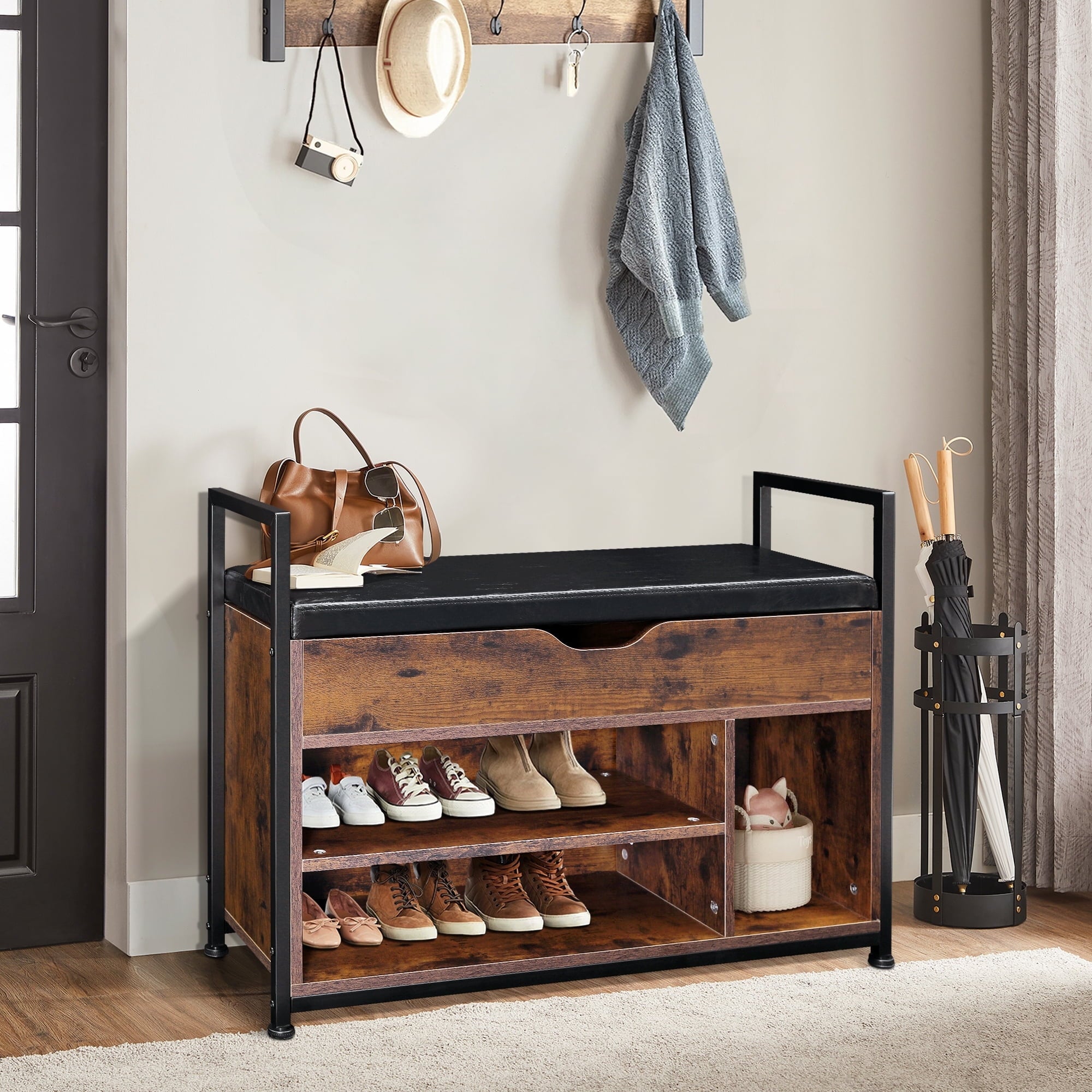 35 Inch Shoe Bench with Storage and Cushioned Seat, Entryway Bench Shoe Rack Organizer for Entry, Bedroom, Closet, Li...