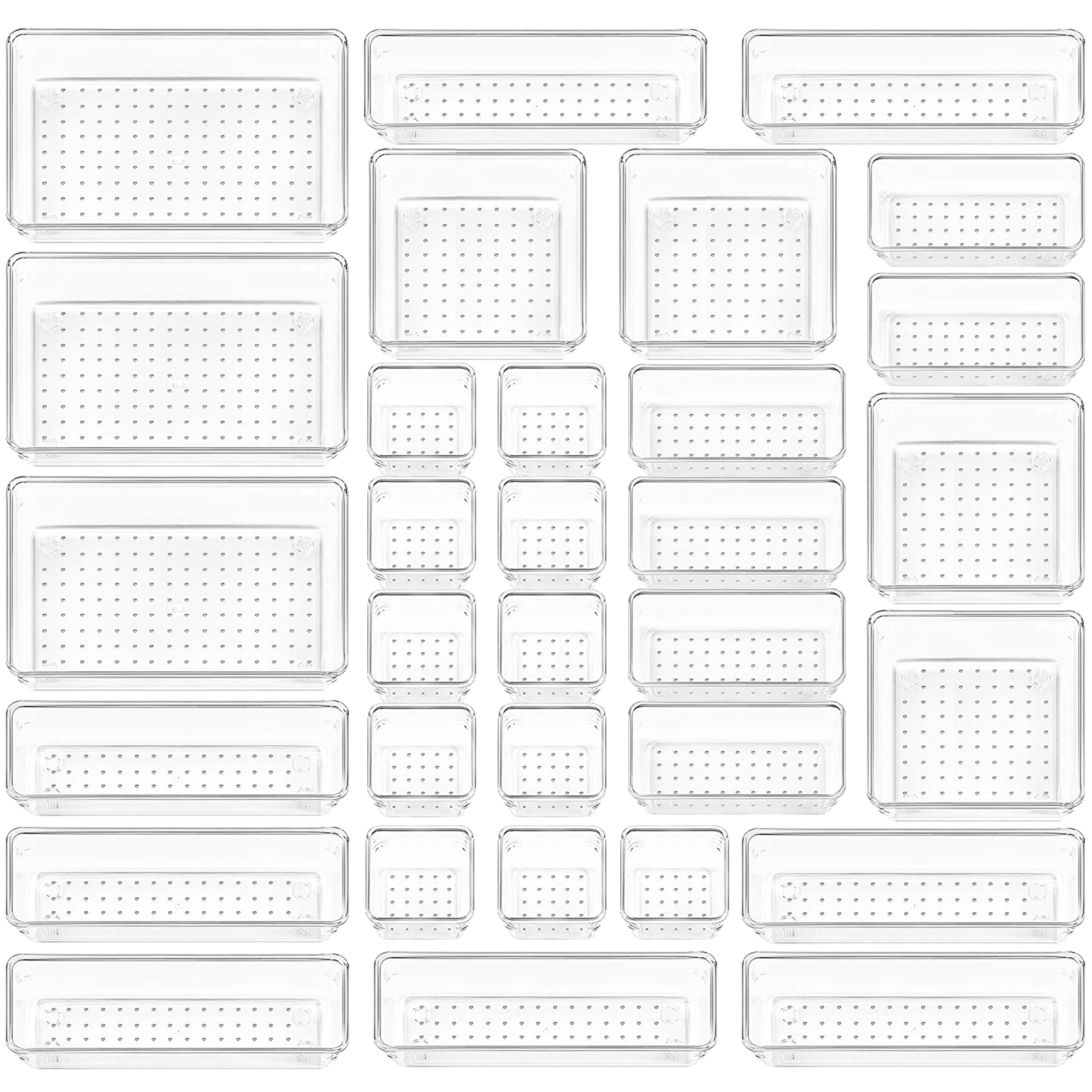 LeaderPro 32 Pcs Drawer Organizer with 5 Sizes Clear Desk Drawer Dividers Plastic Storage Containers