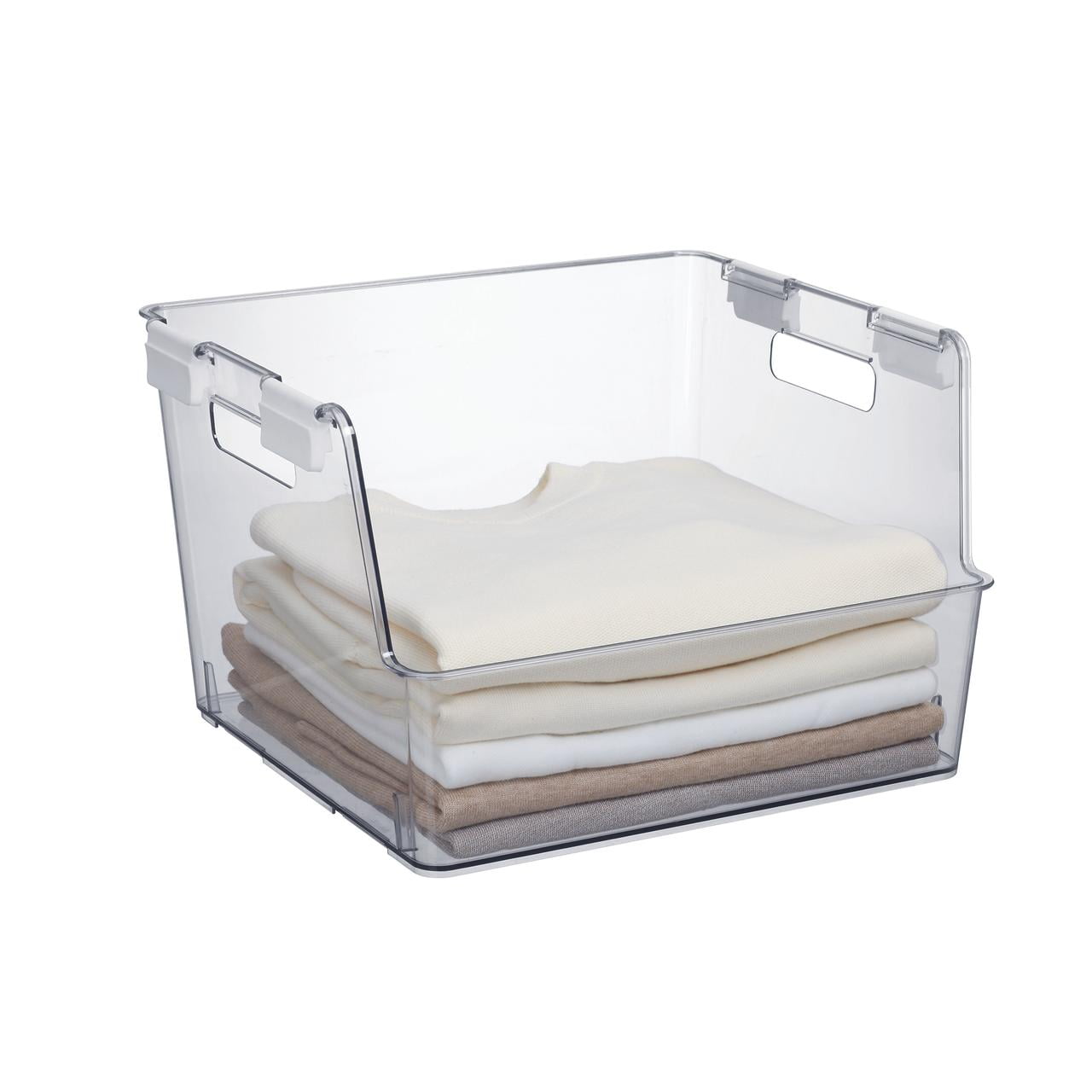 Mainstays Large Clear Plastic Stackable Bin for Closet with White Latches