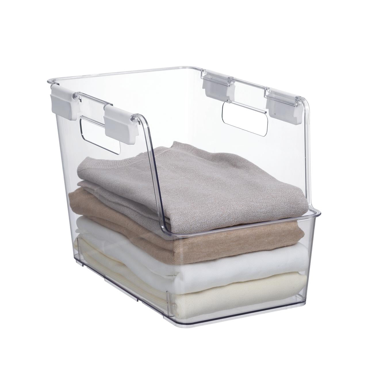 Small Clear Plastic Stackable Bin for Closet with White Latches
