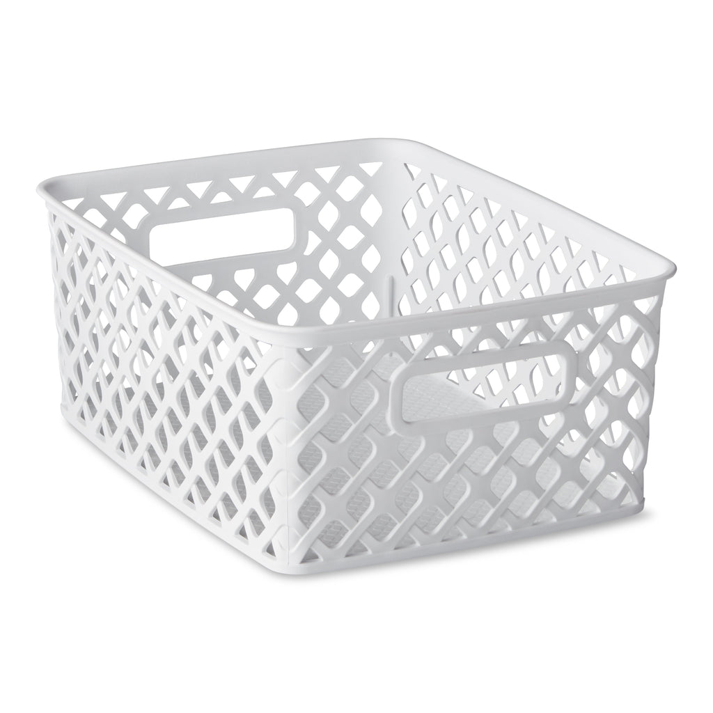 Small White Decorative Plastic Storage Basket, 10 in x 8 in x 4 in