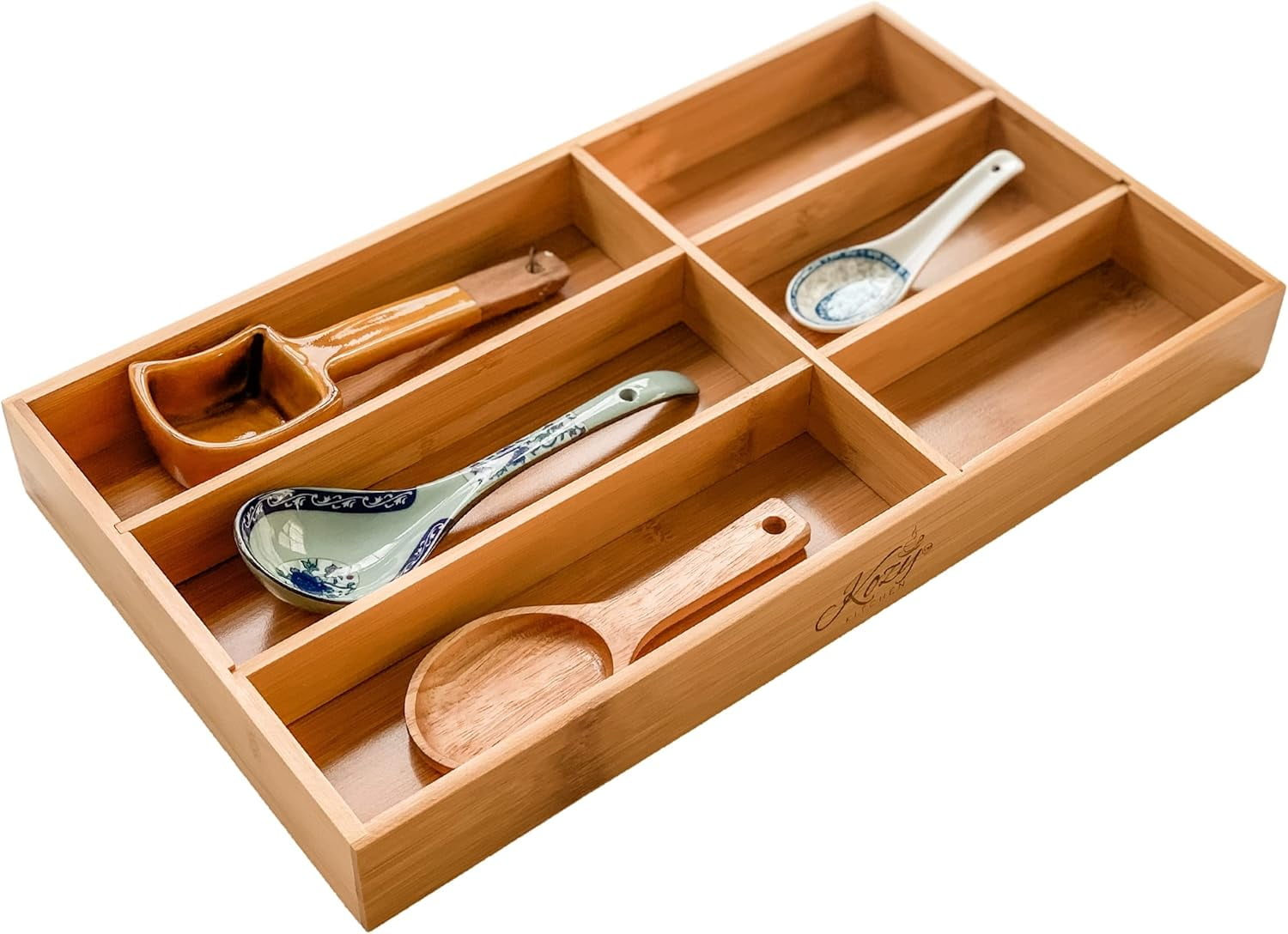 Premium Bamboo Drawer Organizer 6-Compartment Wood Finish Organizer for Kitchen, Office, or Clothing