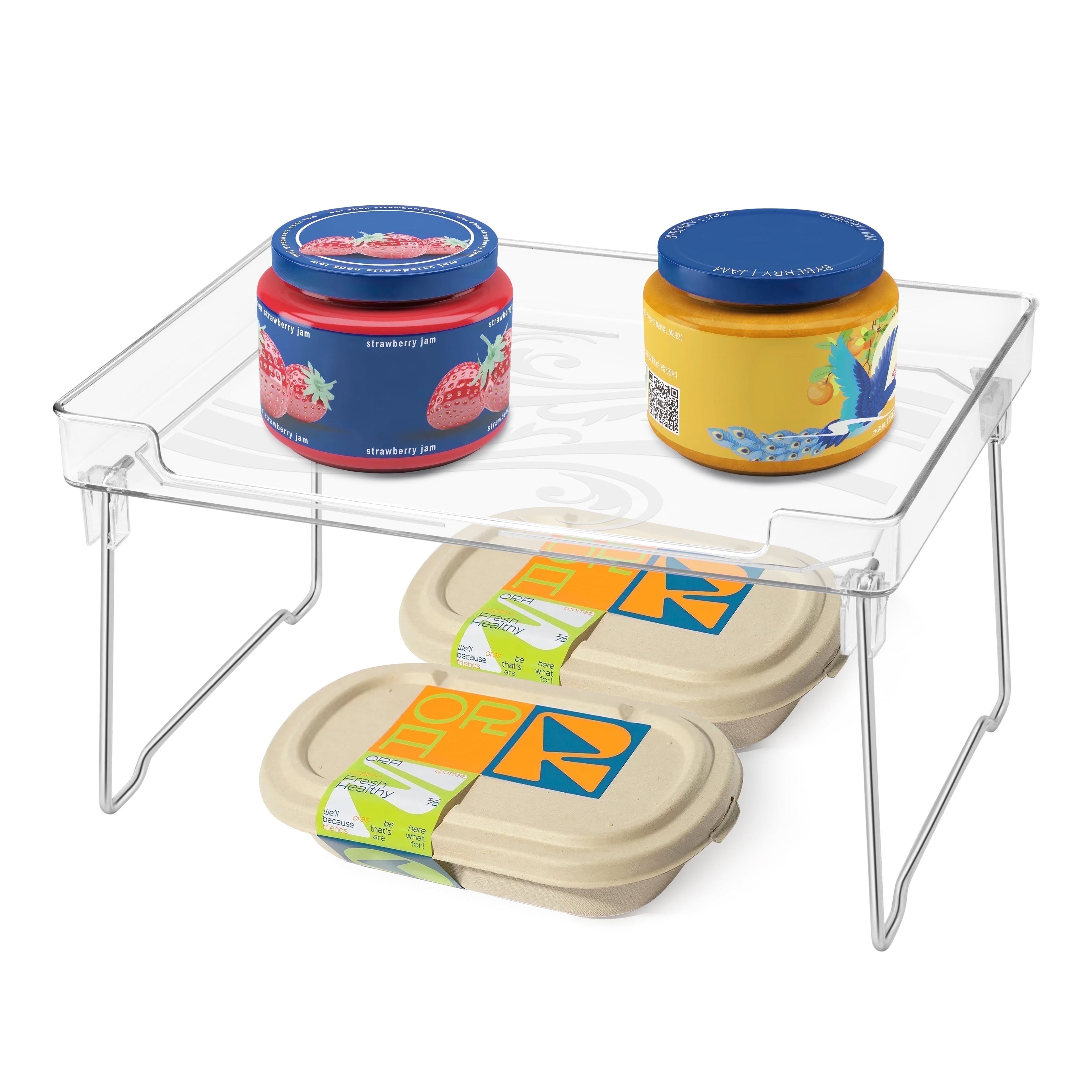 Cabinet Organizers Shelf, Pantry Storage Shelf with Raised Edges and Foldable Legs, Clear