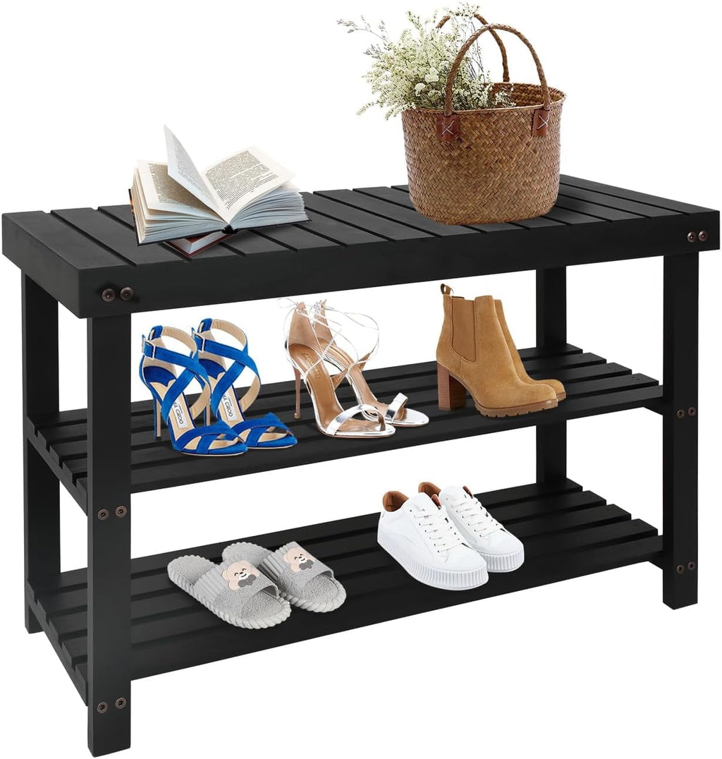 Bamboo Shoe Rack for Entryway 3-Tier Shoe Rack Bench for Entryway Bathroom Bedroom Small Shoe Organizer with Storage
