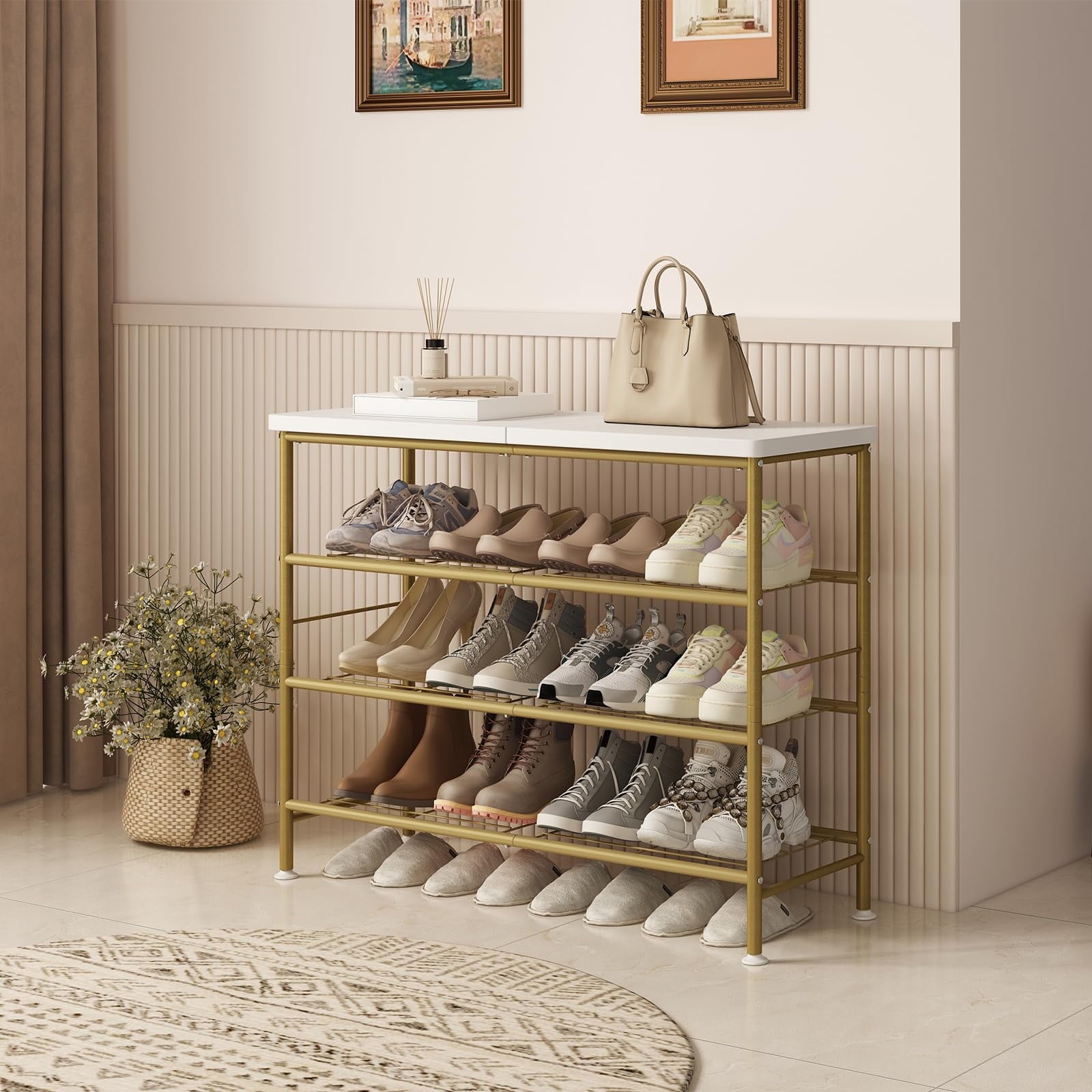 hoe Rack Organizer 4 Tier for Closet Entryway Free Standing Metal Storage Shoe Shelf,Gold