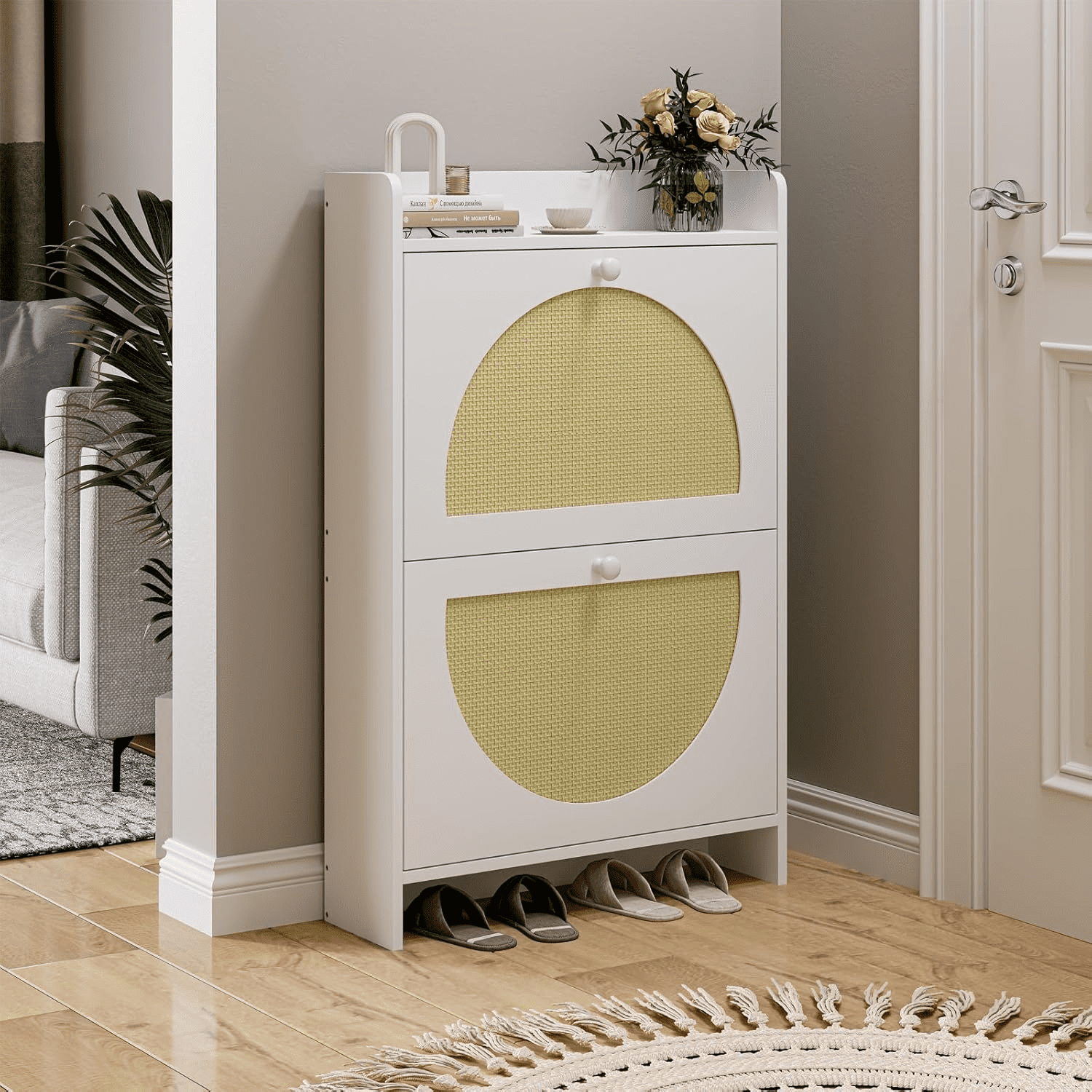 with 2 Flip Drawers, Rattan Door Storage Organizer for Entryway, Free-Standing , White