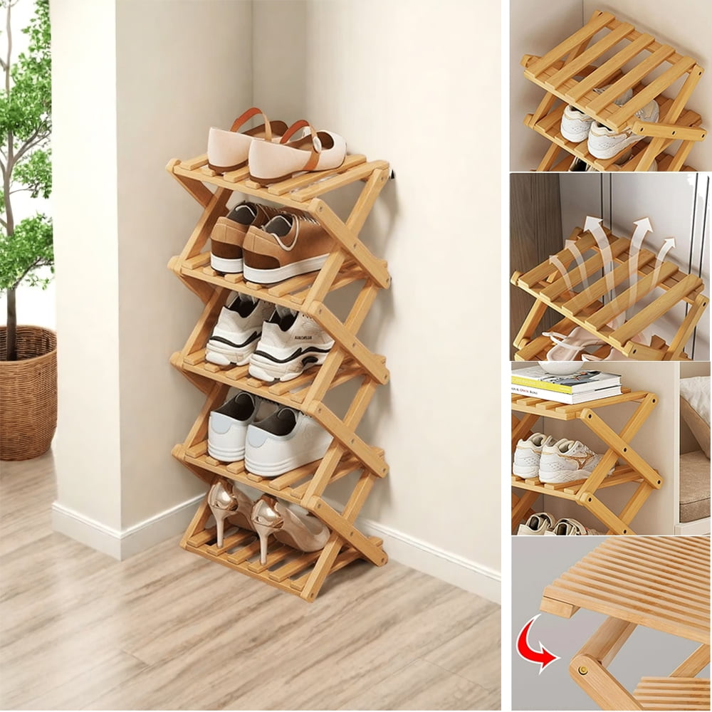 5 Layers Shoe Rack, Bamboo Foldable Shoes Organizer Free Standing Shelf for Entryway, Closet, Bedroom, Hallway, Witho...
