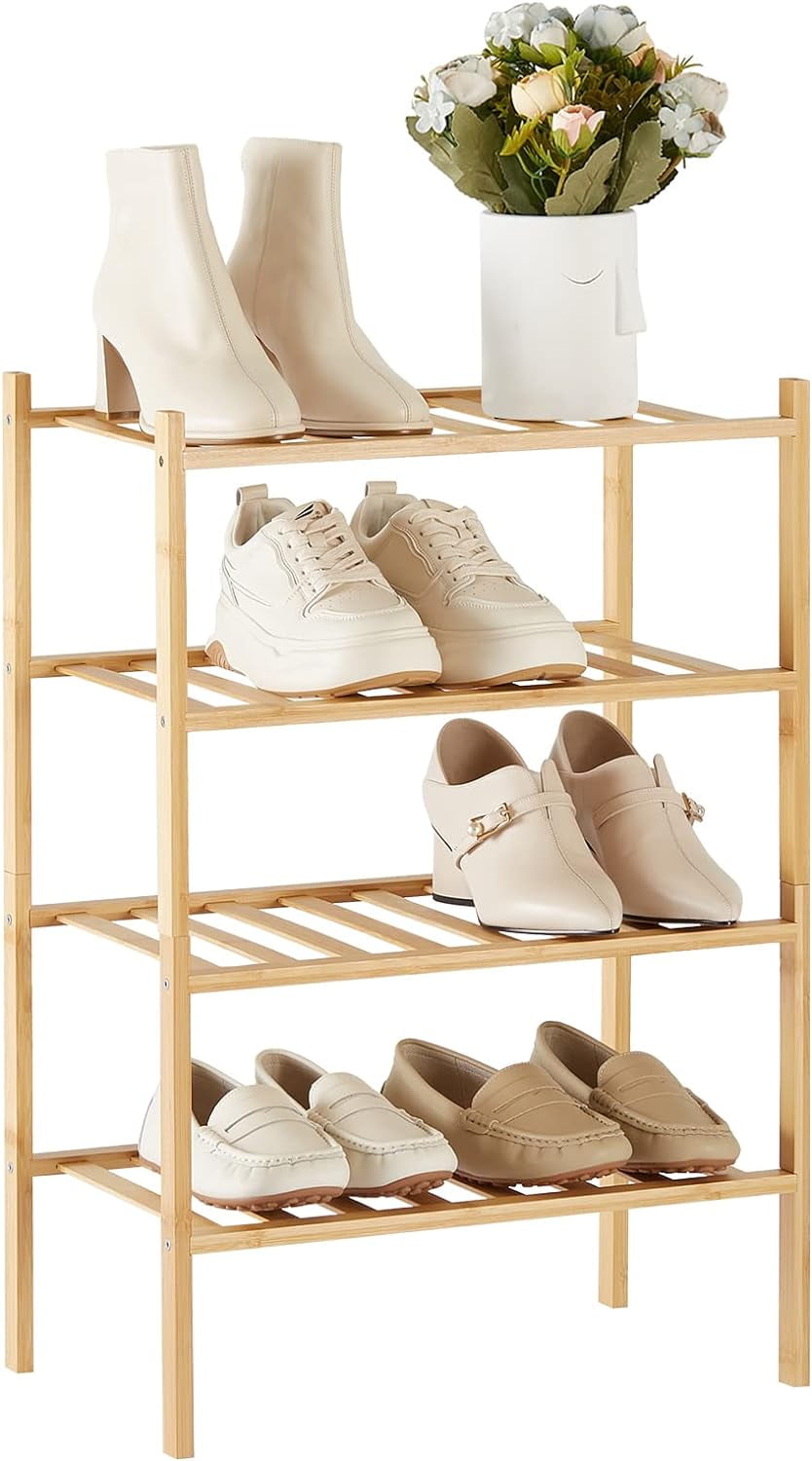 Shoe Rack for Entryway Closet 4 Tier Narrow Shoe Rack Stackable Organizer Storage Bamboo Shoe Rack Vertical Small Sho...