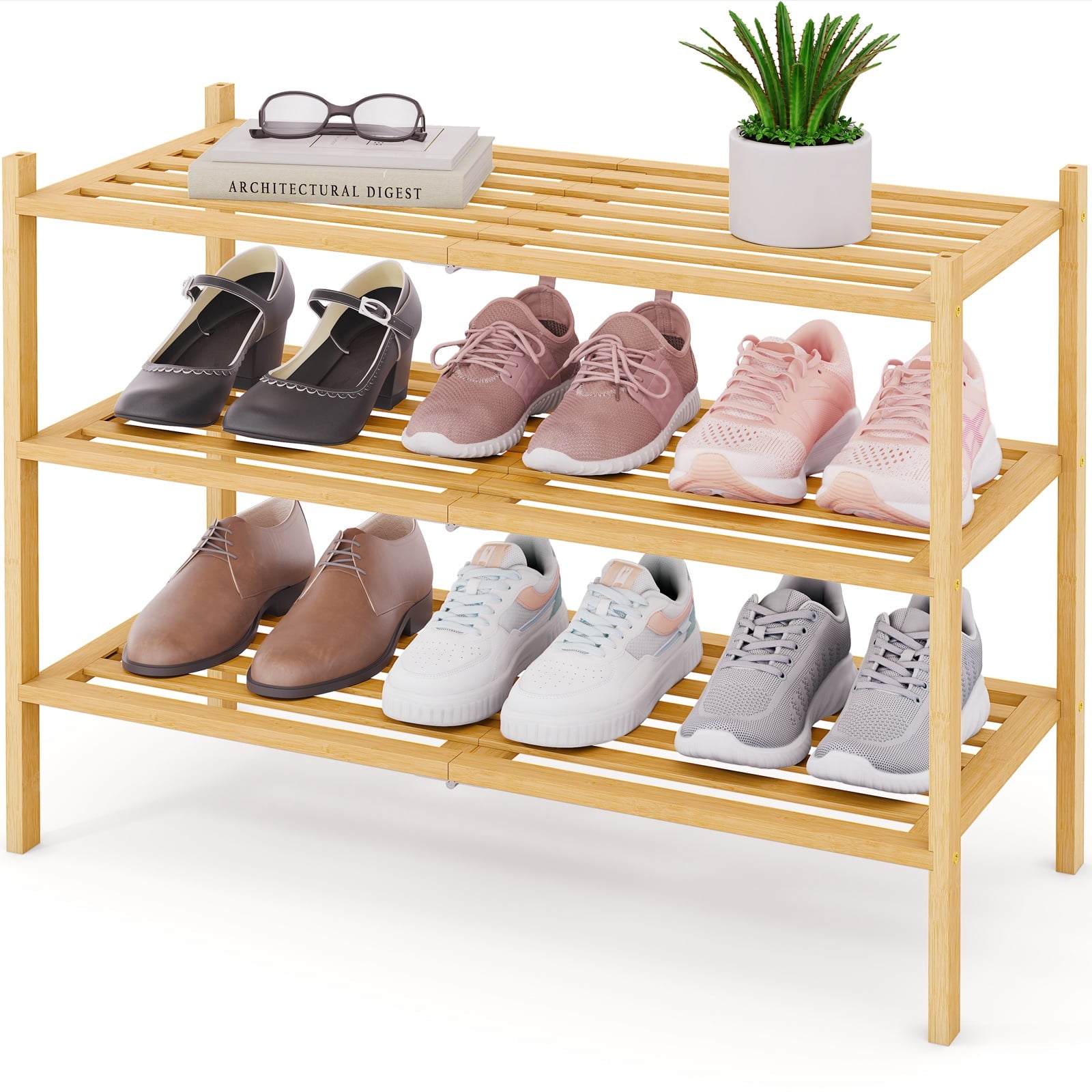 3-Tier Shoe Rack , Stackable Bamboo Shoe Rack Organizer, Shoe Storage for Closet, Entryway, Bedroom and Wall, Natural