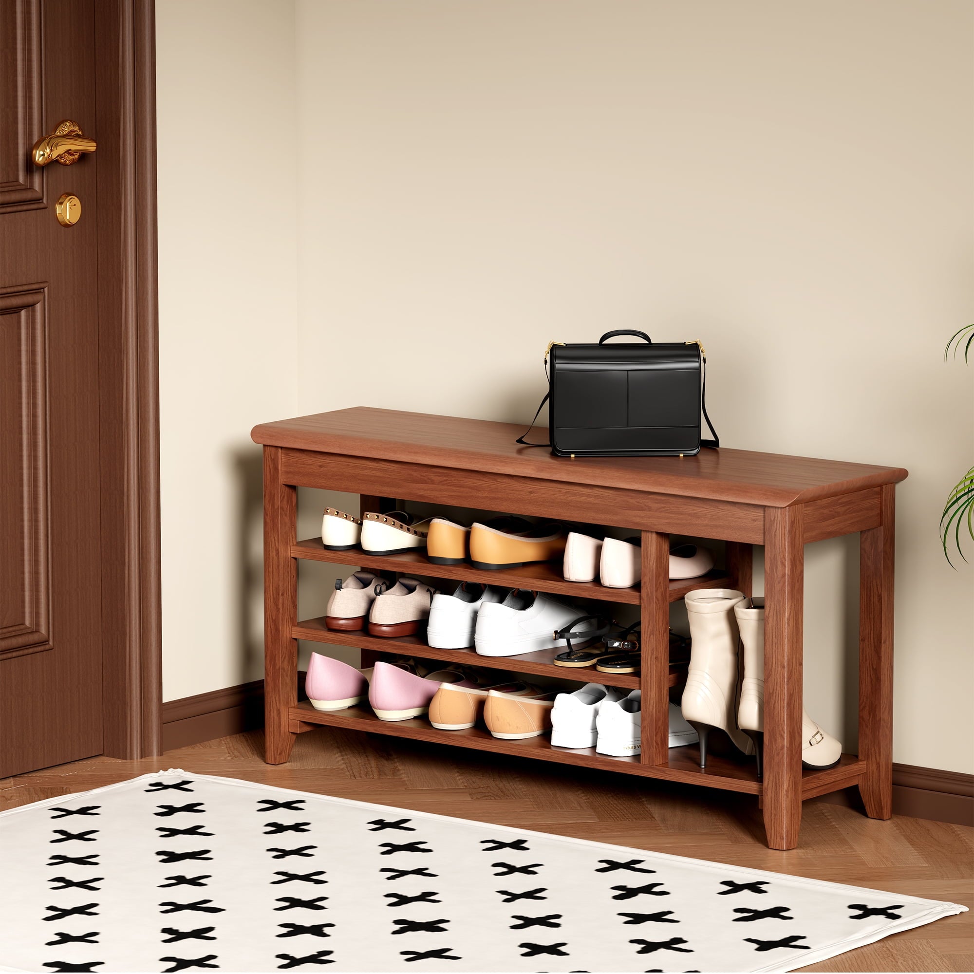 Solid Wood Shoe Rack with Storage Bench 100 Percent Wooden Entryway Hallway Organizer 550 LBS Load Bearing Capacity for Boots Walnut Finish