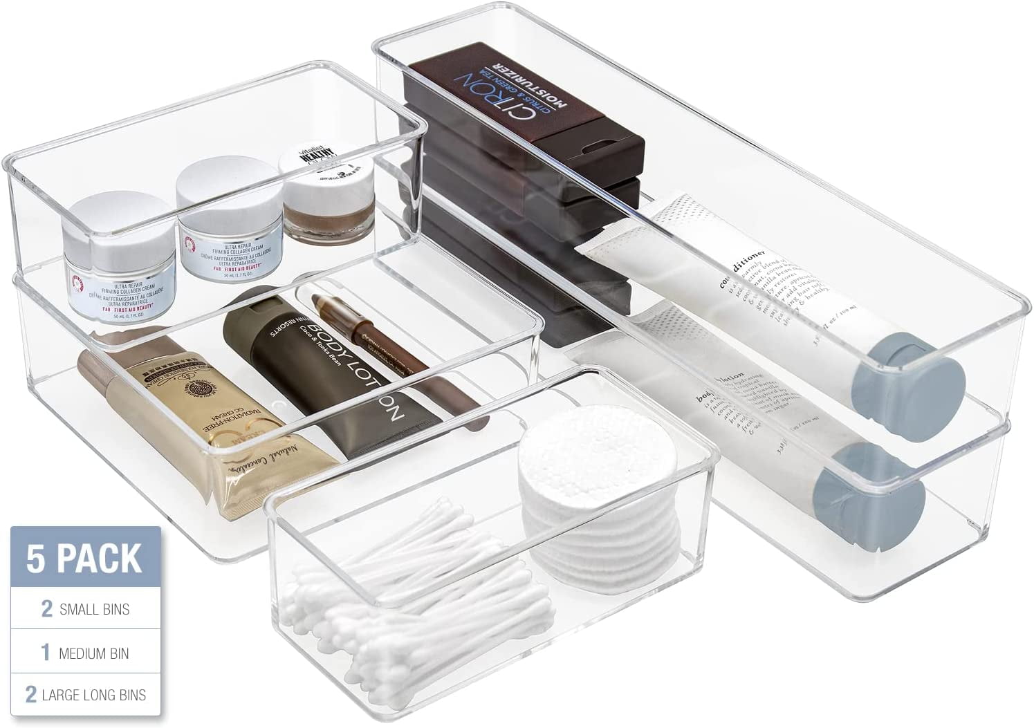 Sorbus Set of 5 Clear Plastic Drawer Storage Organizer Bins - Organization for Beauty, Kitchen, Office