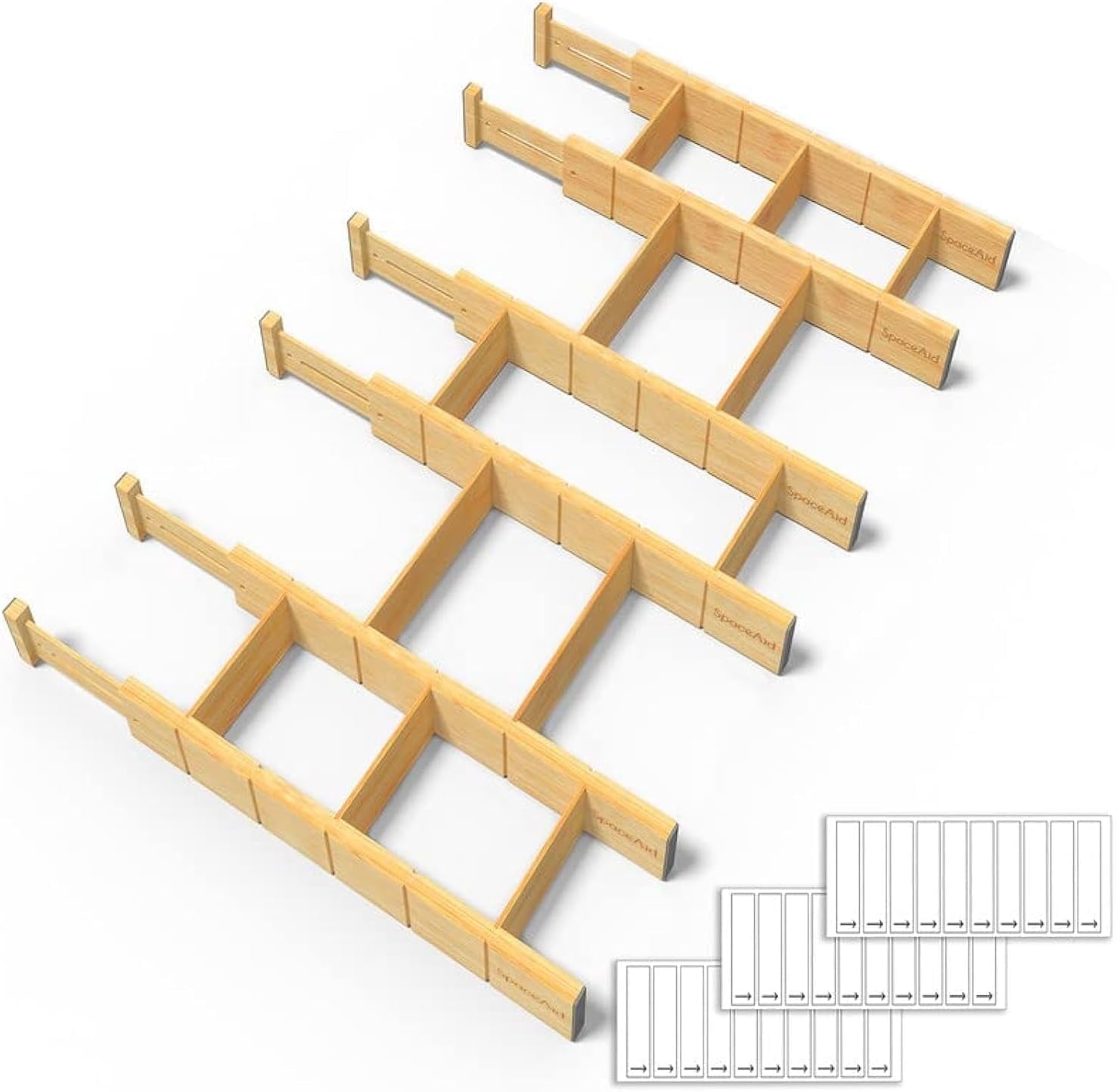 Bamboo Drawer Dividers with Inserts and Labels, Kitchen Adjustable Drawer Organizers, 6 Dividers with 12 Inserts (17-...