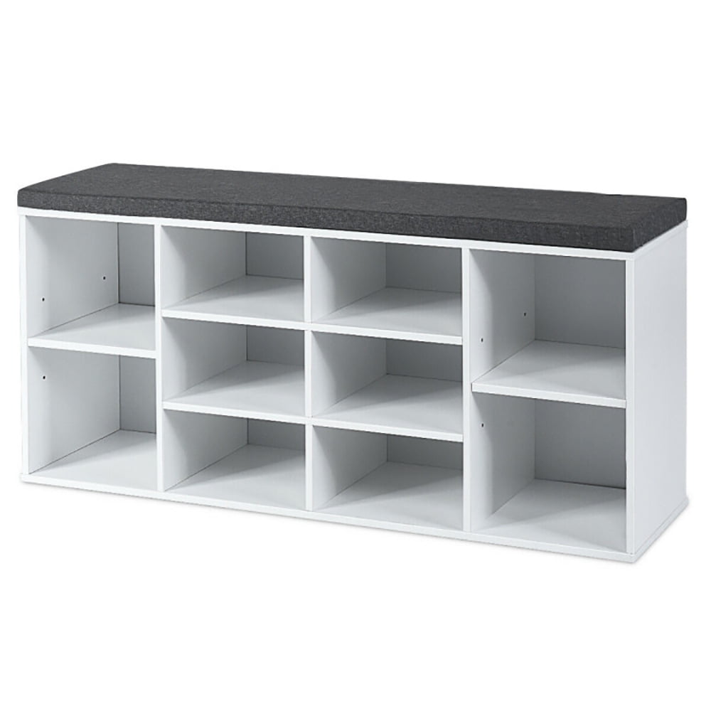 10-Cube Organizer Shoe Storage Bench with Cushion for Entryway-White, Shoe Storage Organizer for Entryway & Closet