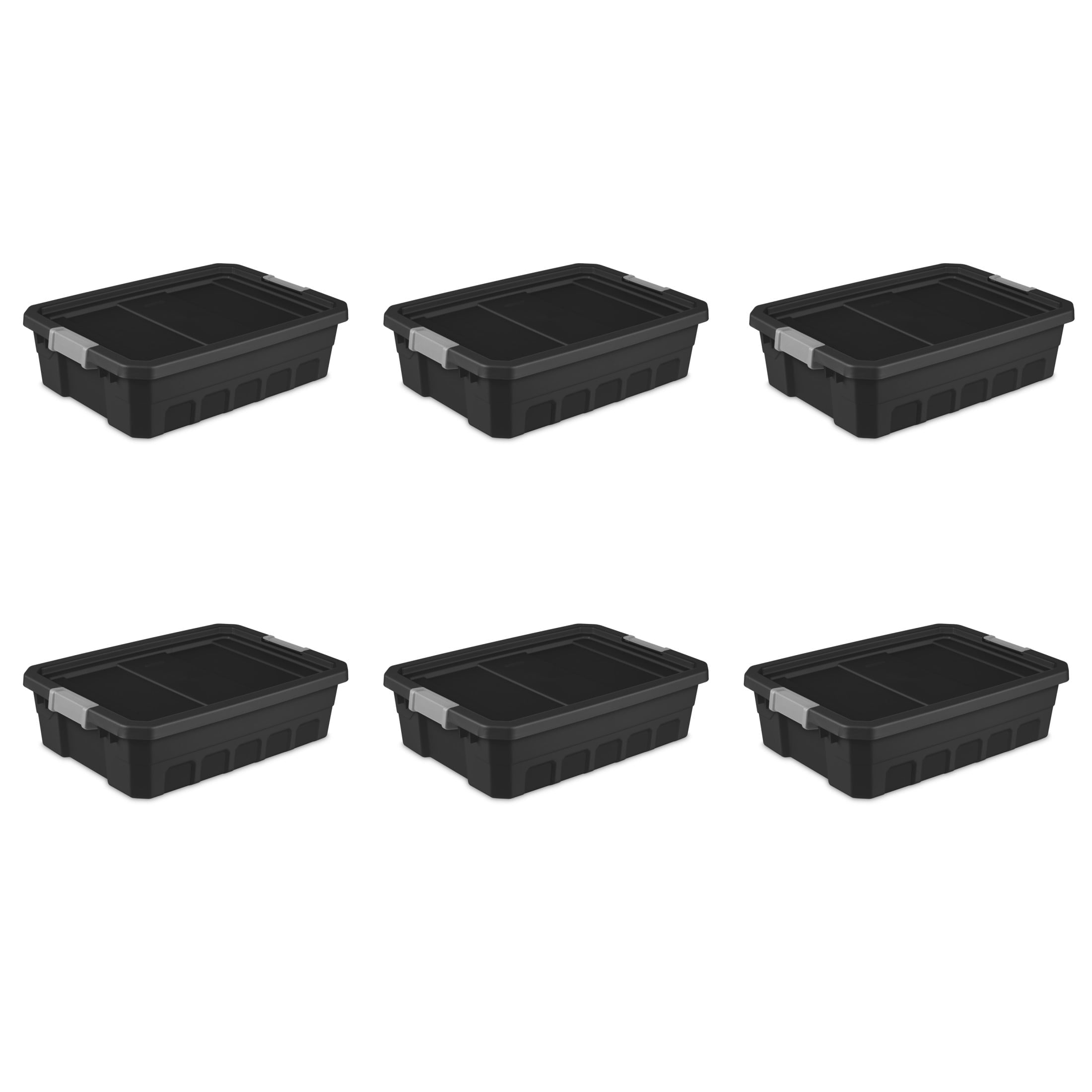 Bin, 10 Gallon Durable Plastic Tote with Latch Lid, Black, 6 Pack